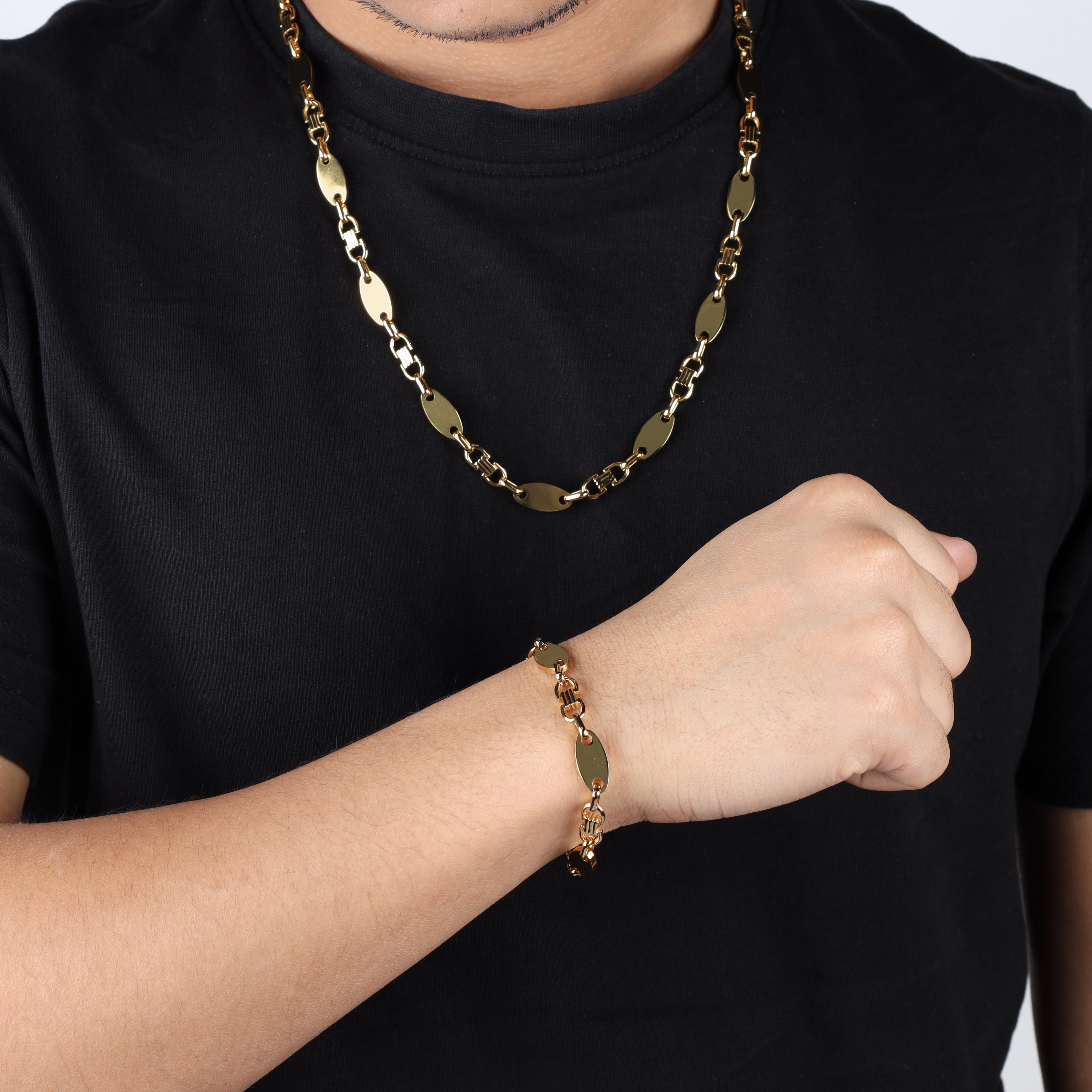 Set Plattenkette 8mm breit aus Edelstahl 18K Vergoldet - Taipan Schmuck