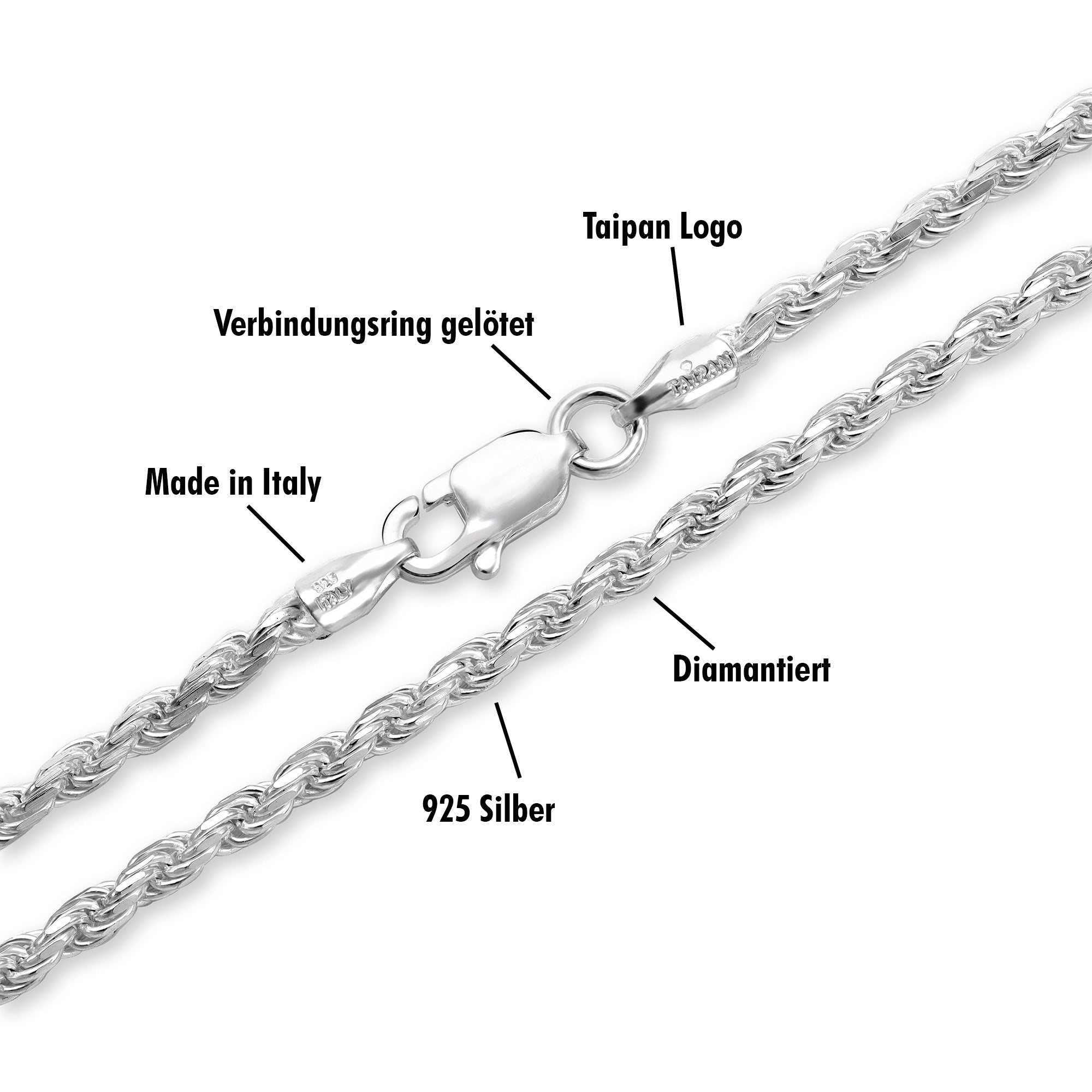 Kordelkette Armband Rope Chain aus 925 Silber in 2,3mm diamantiert - Taipan Schmuck