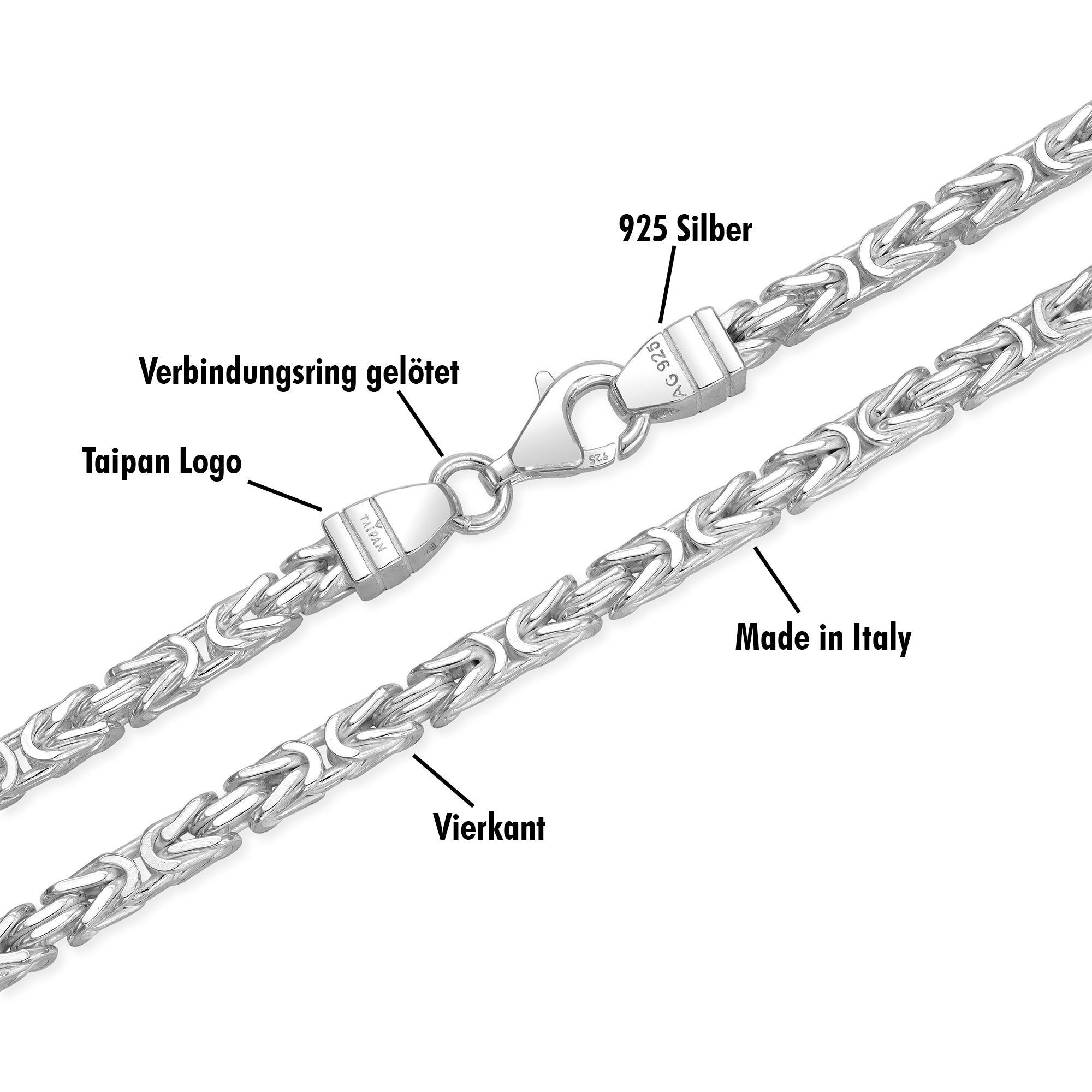3mm Königskette Armband - 925 Silber massiv vierkant hochglanzpoliert - Taipan Schmuck