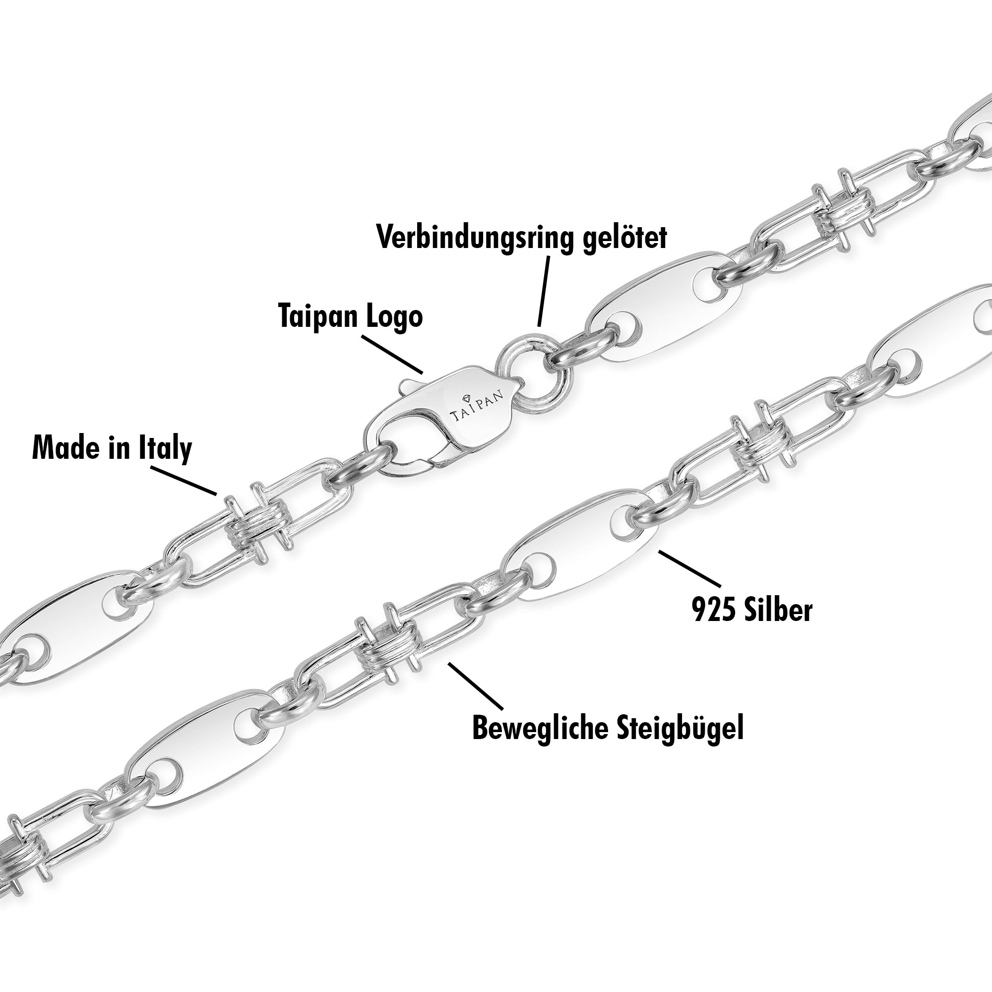 5mm Plattenkette bewegliche Steigbügelkette - 925 Silber - Taipan Schmuck