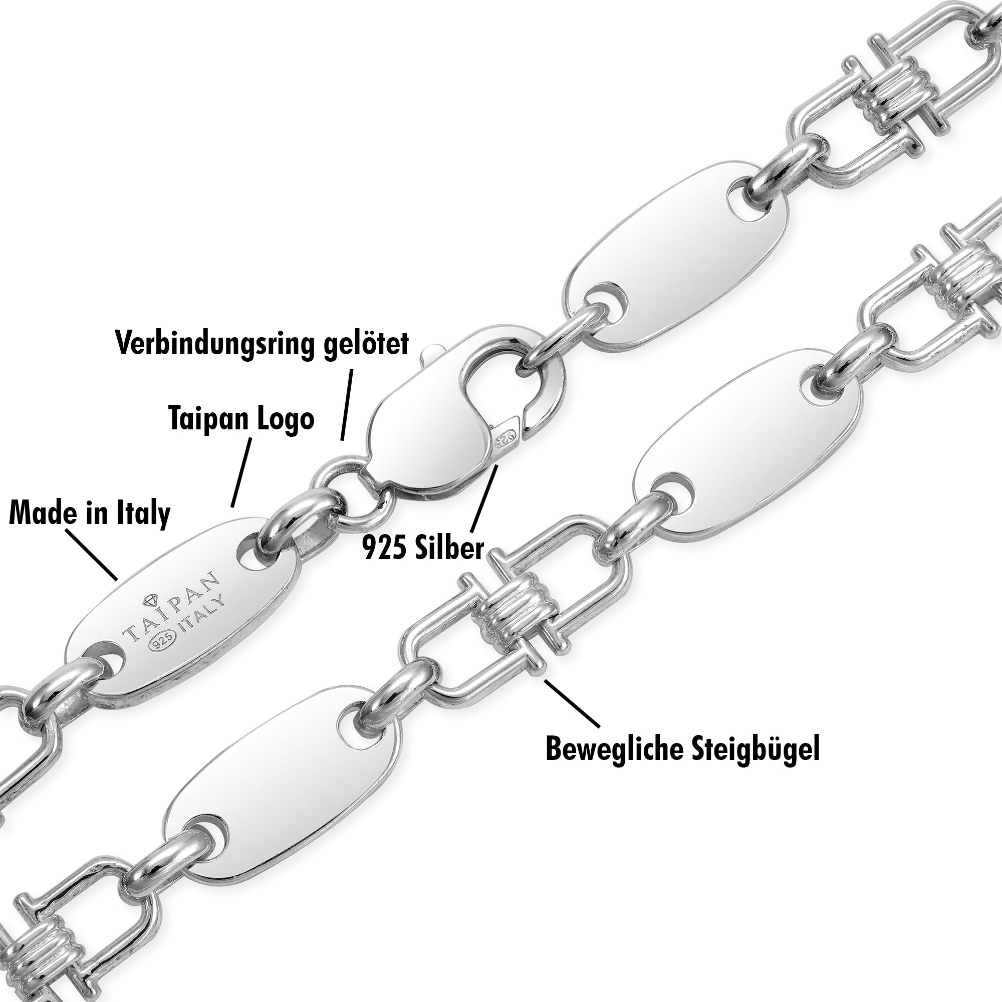 8mm Plattenkette bewegliche Steigbügelkette Armband - 925 Silber - Taipan Schmuck