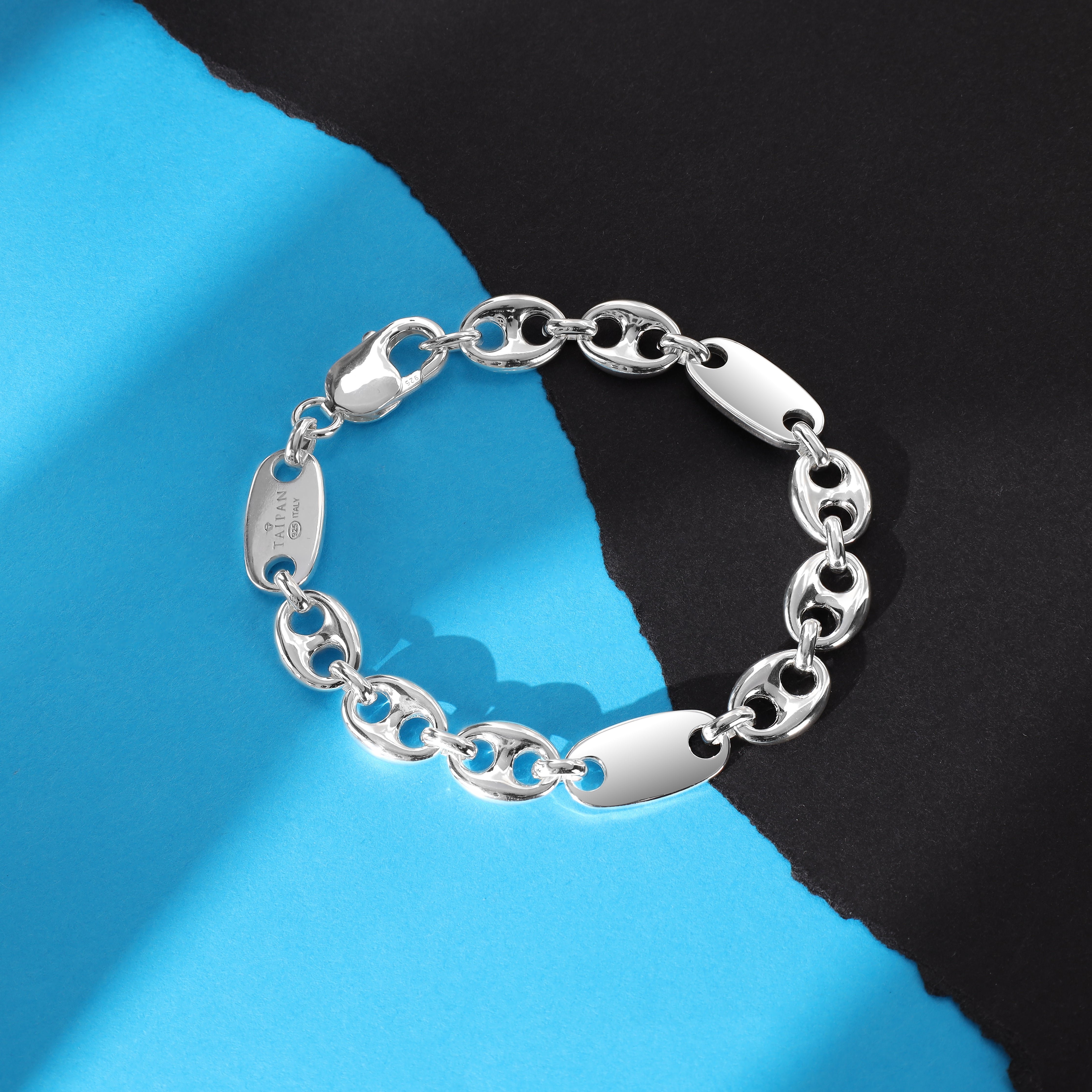 10mm Platten Bohnenkette Armband 19cm aus 925 Sterlingsilber