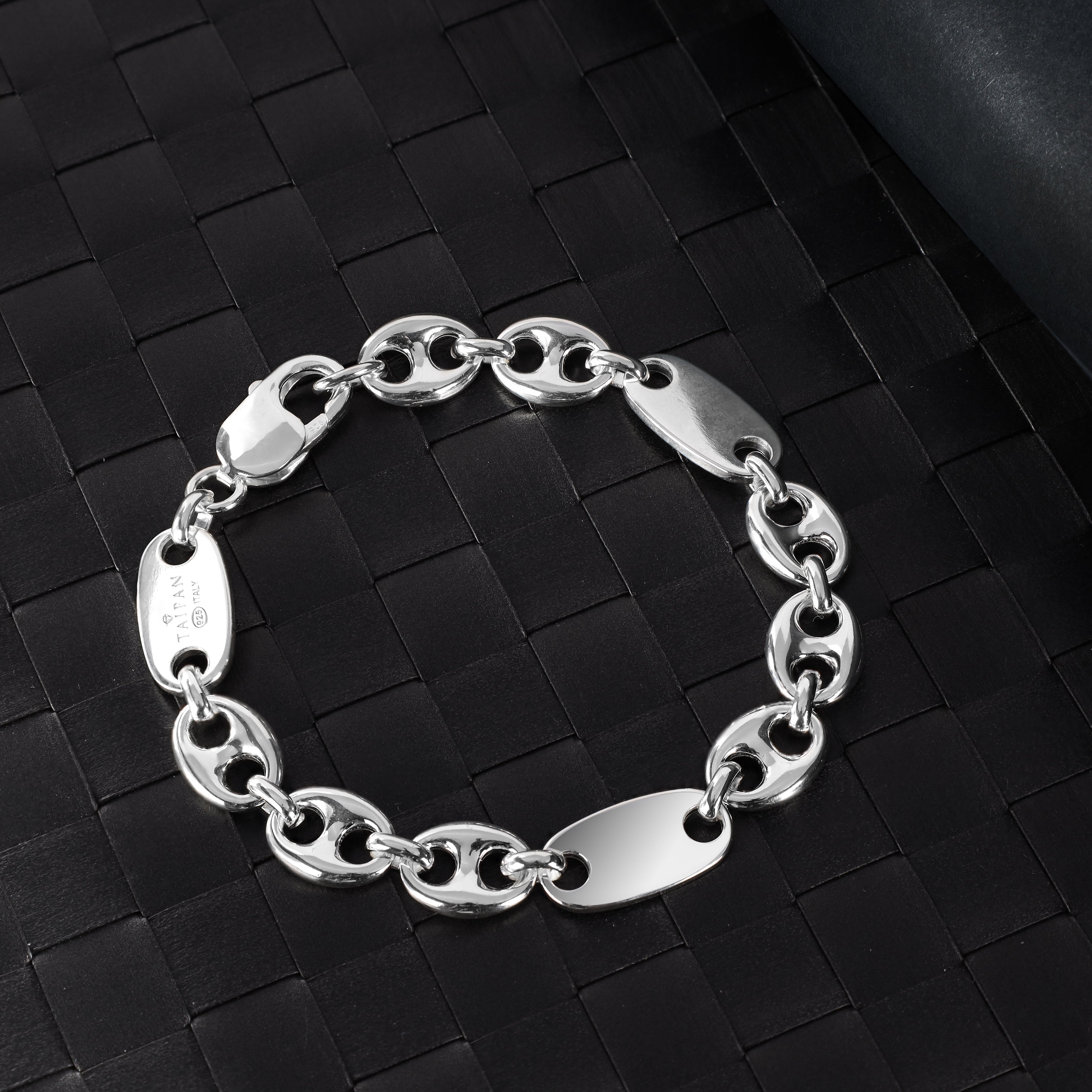 10mm Platten Bohnenkette Armband 19cm aus 925 Sterlingsilber