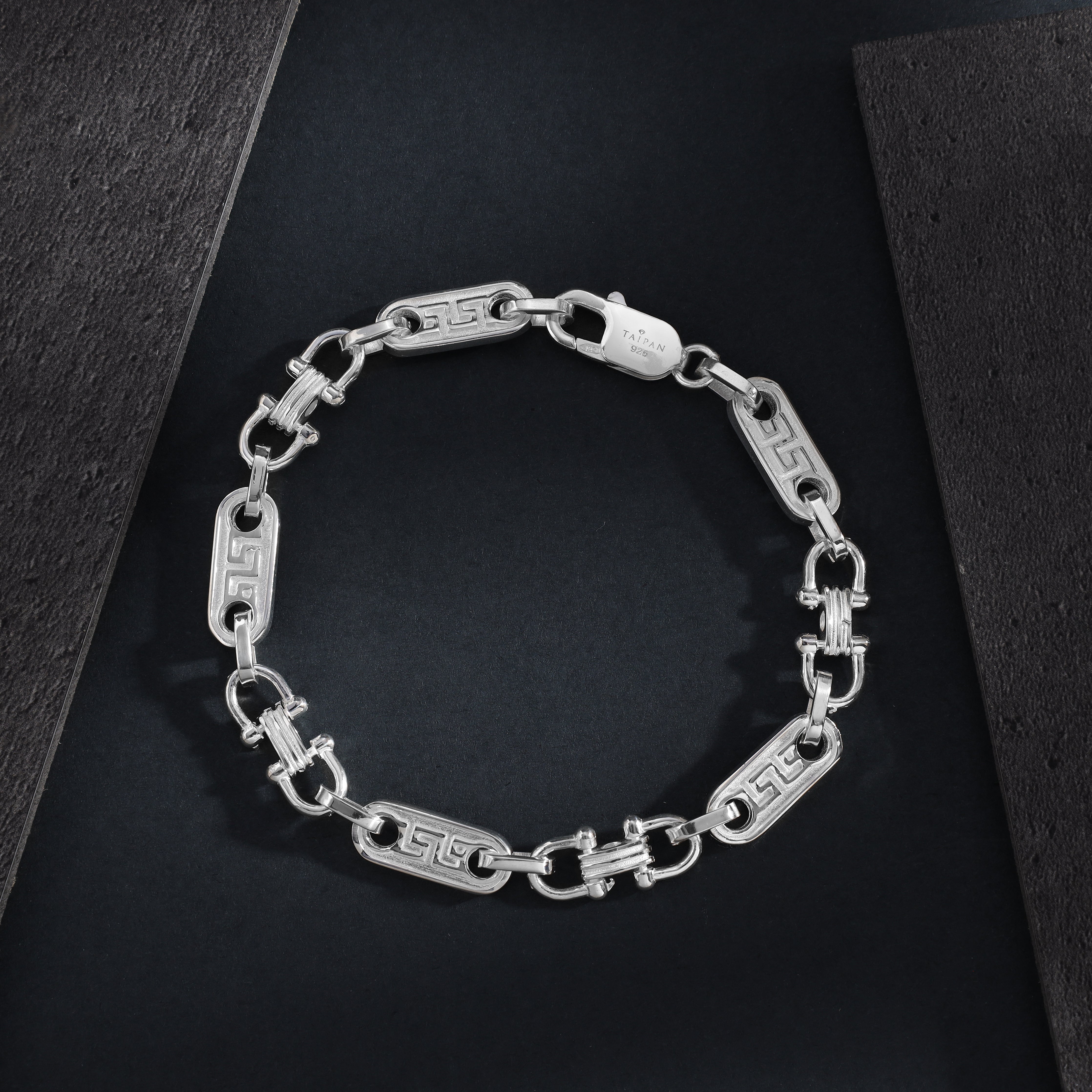 Plattenkette Armband Steigbügelkette mit Greek design 925 Sterling Silber - Taipan Schmuck