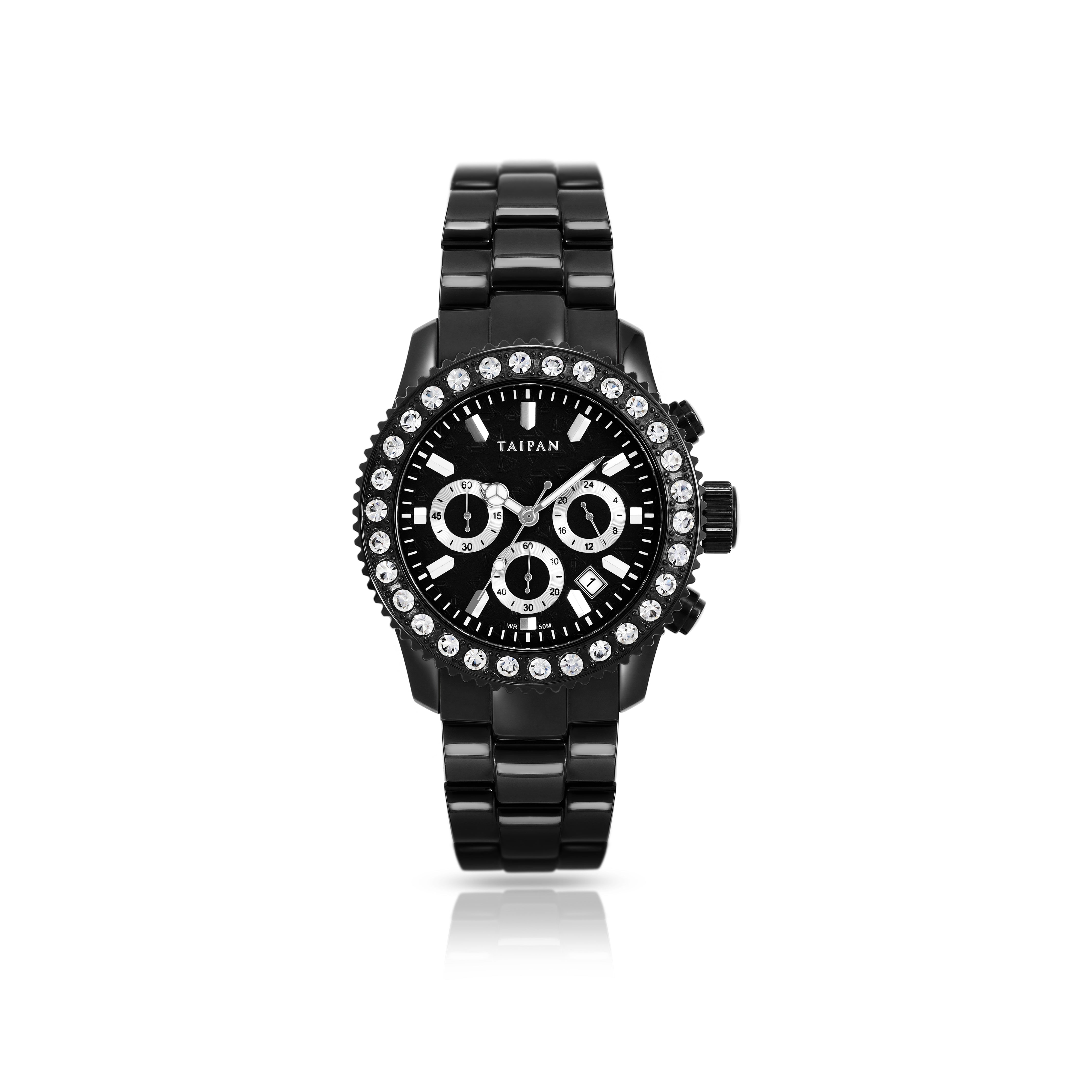 Armbanduhr Chronograph ALL BLACK mit 3 Lünetten iced out, geriffelt, plain - Taipan Schmuck