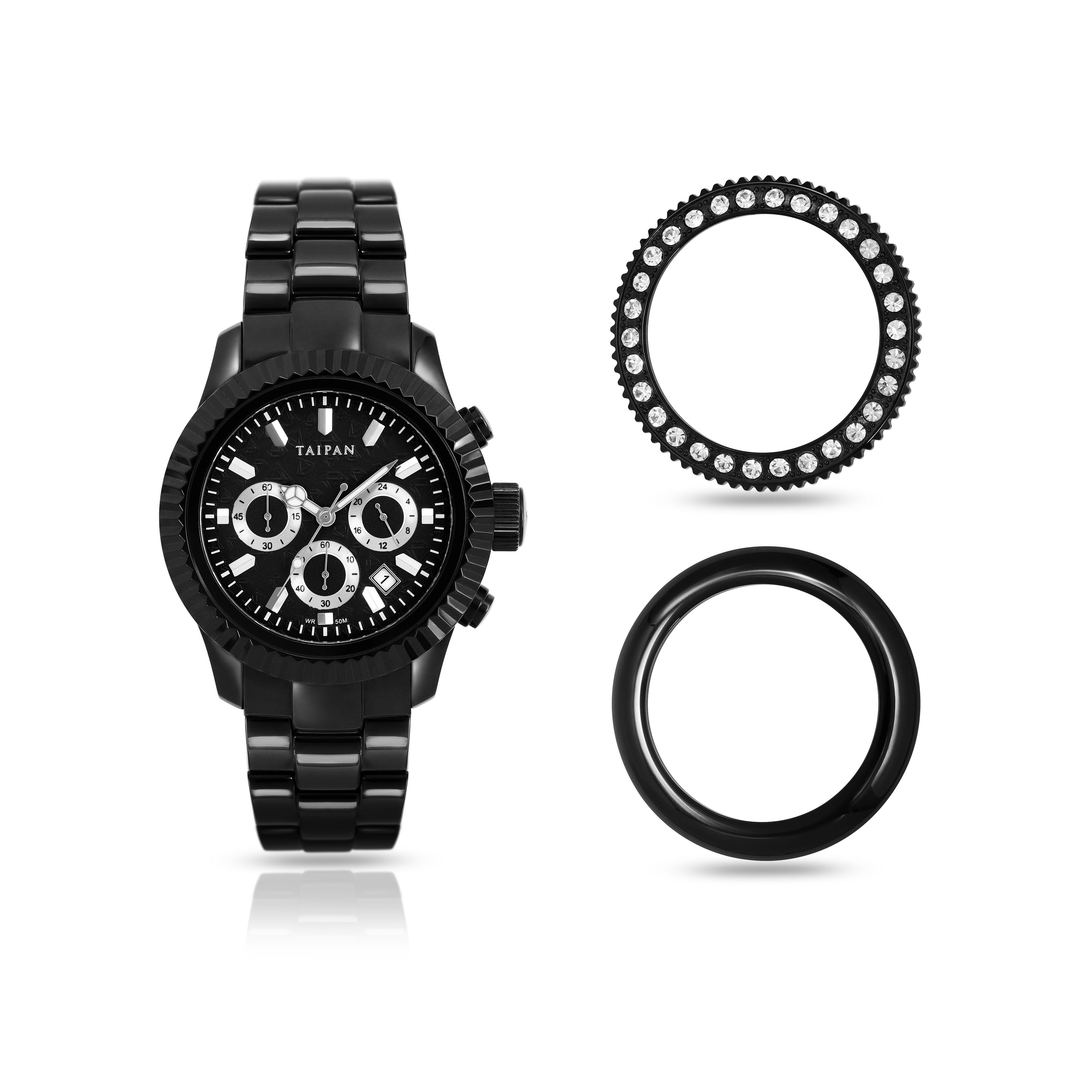 Armbanduhr Chronograph ALL BLACK mit 3 Lünetten iced out, geriffelt, plain - Taipan Schmuck