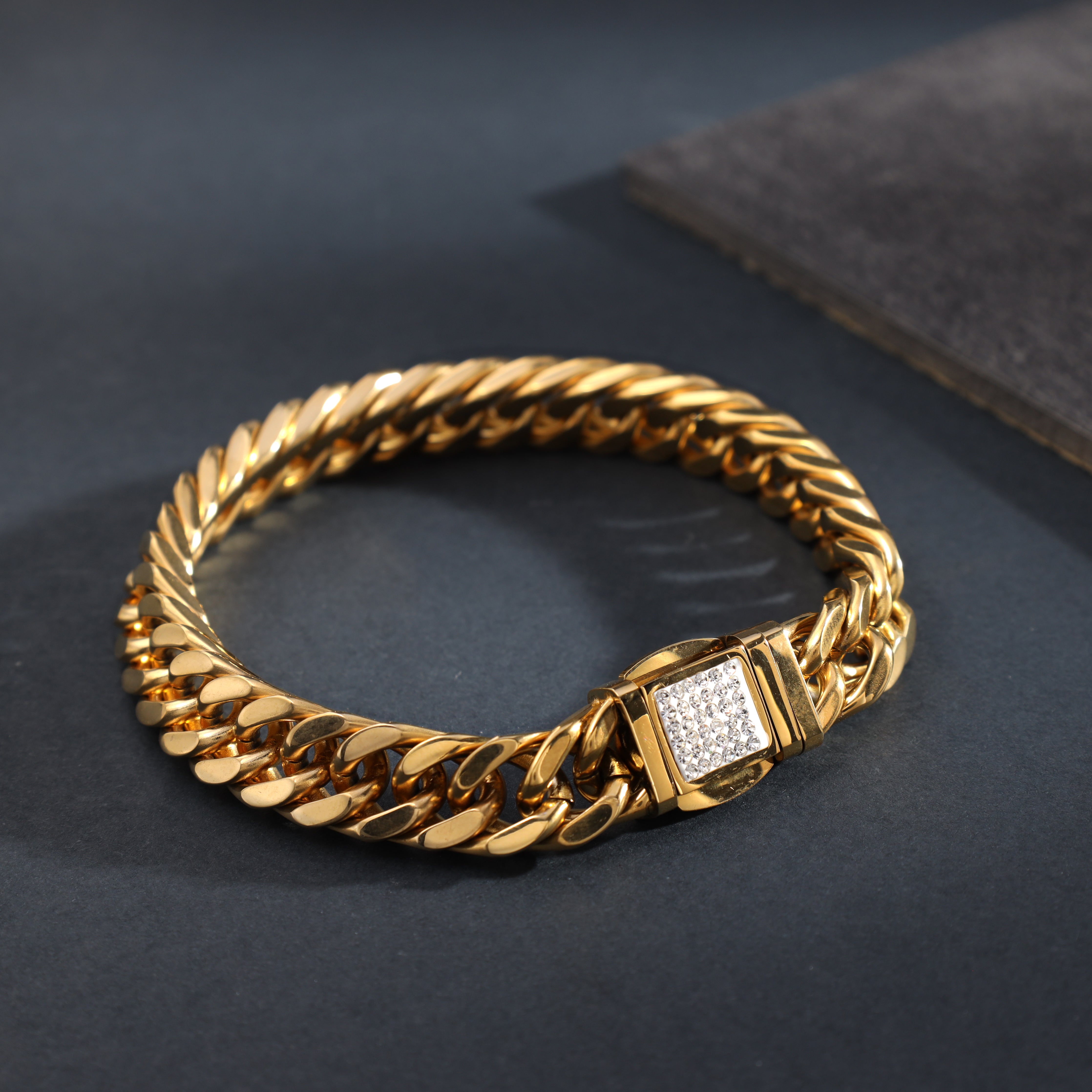 10mm Iced Out Doppel Panzerkette Armband 22cm aus Edelstahl 18K vergoldet - Taipan Schmuck