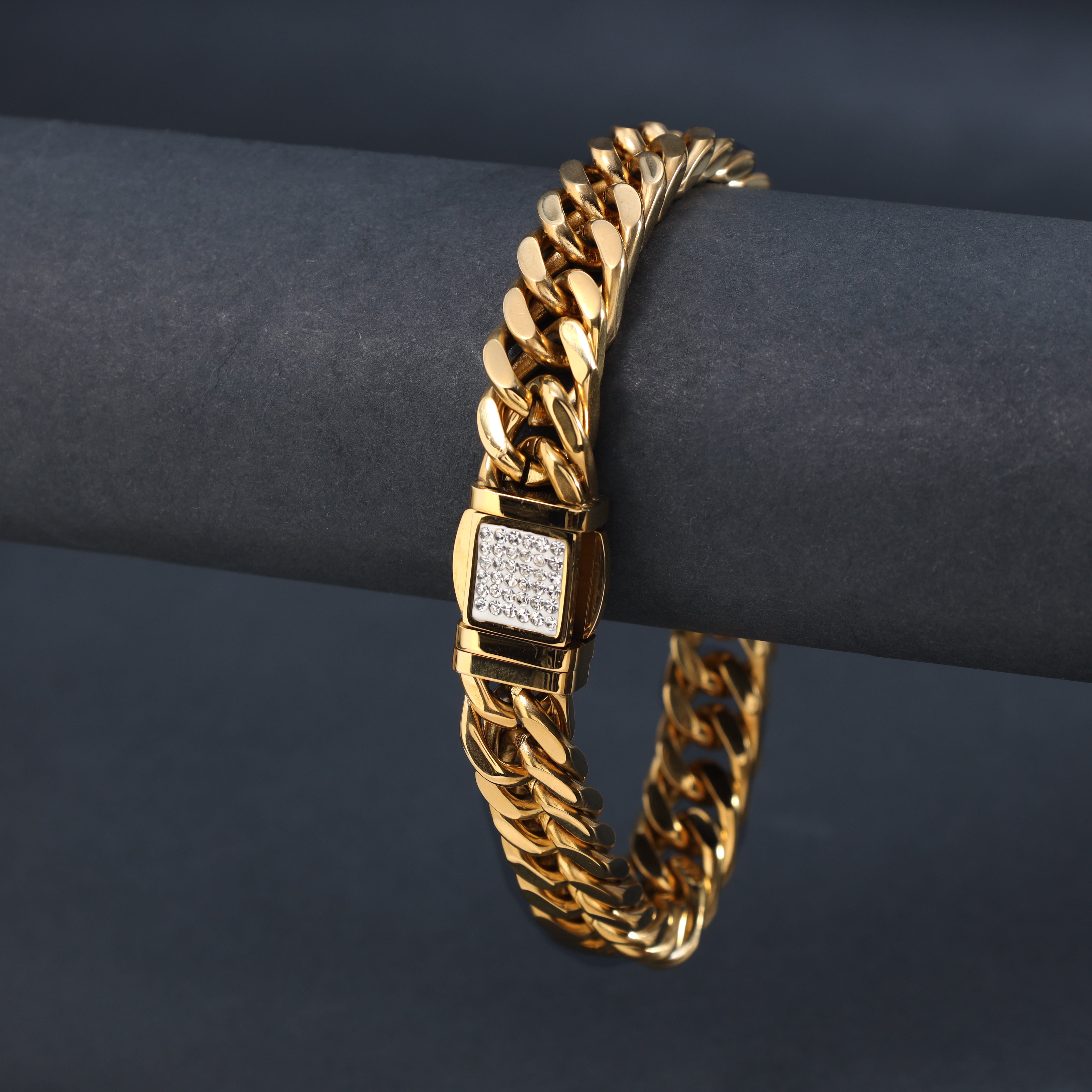 10mm Iced Out Doppel Panzerkette Armband 22cm aus Edelstahl 18K vergoldet - Taipan Schmuck