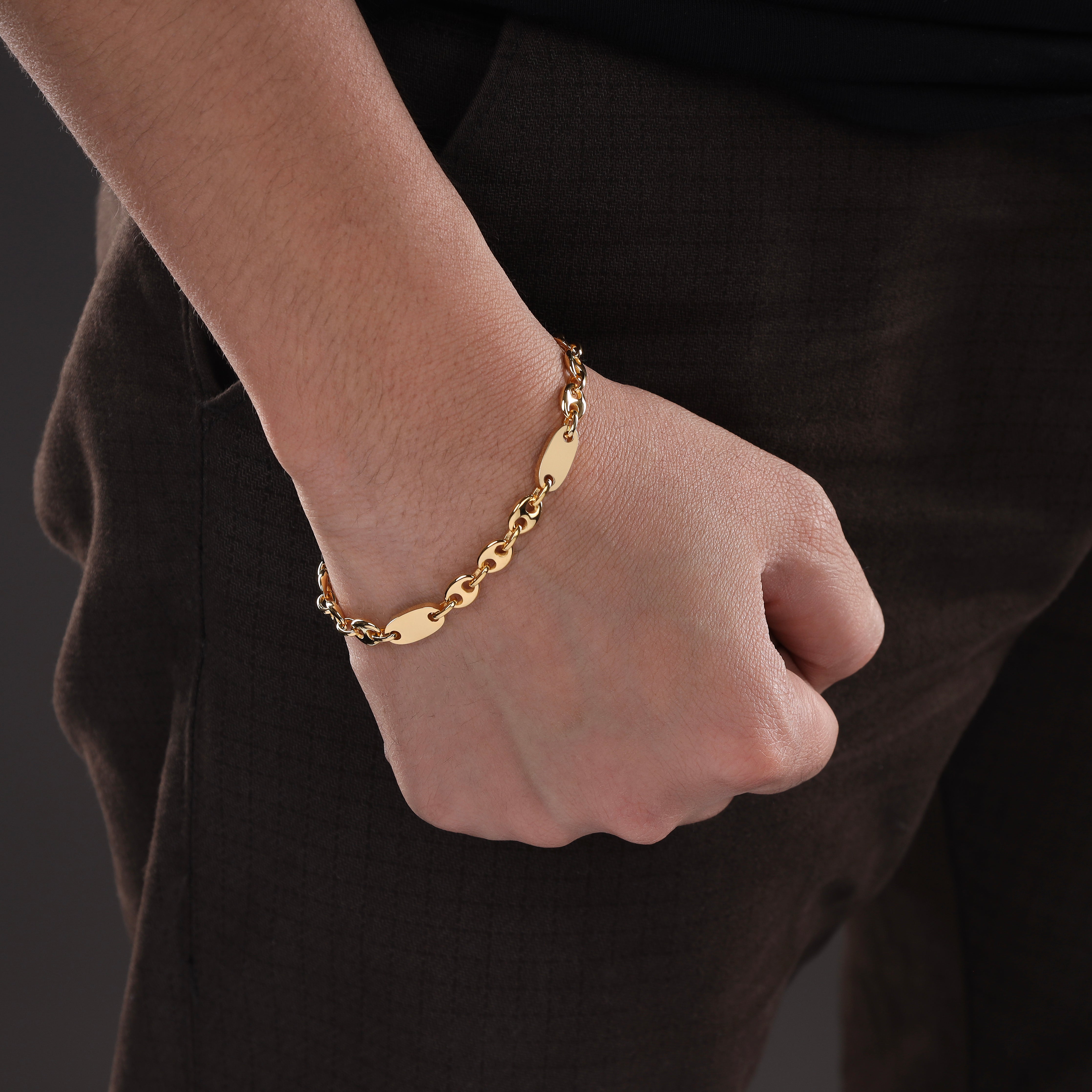 Plattenkette + Bohnenkette Armband 6mm breit aus Edelstahl 18K Vergoldet - Taipan Schmuck