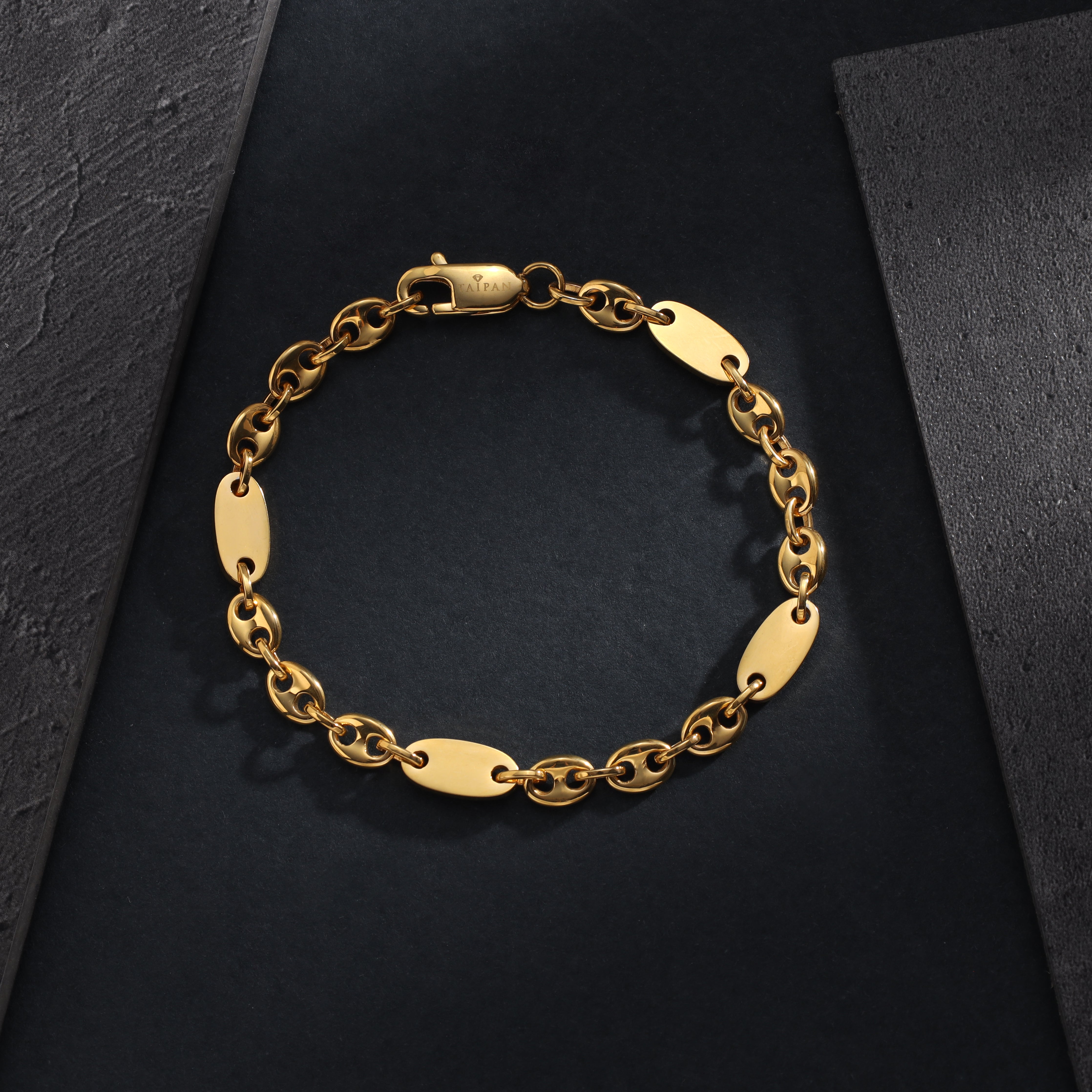 Plattenkette + Bohnenkette Armband 6mm breit aus Edelstahl 18K Vergoldet - Taipan Schmuck