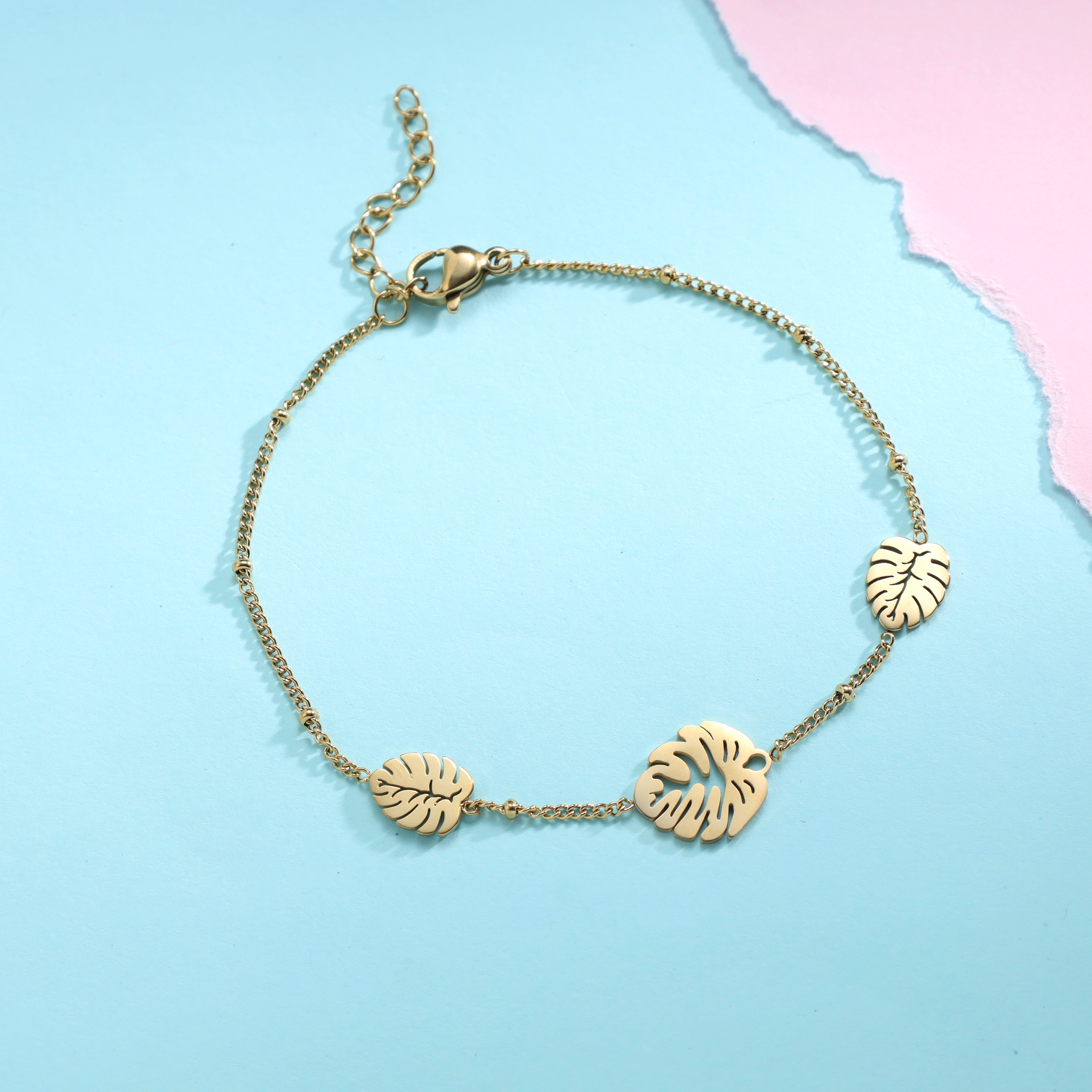 Damen Panzerkette Armband mit Blatt Motiv aus Edelstahl 18K Vergoldet - Taipan Schmuck
