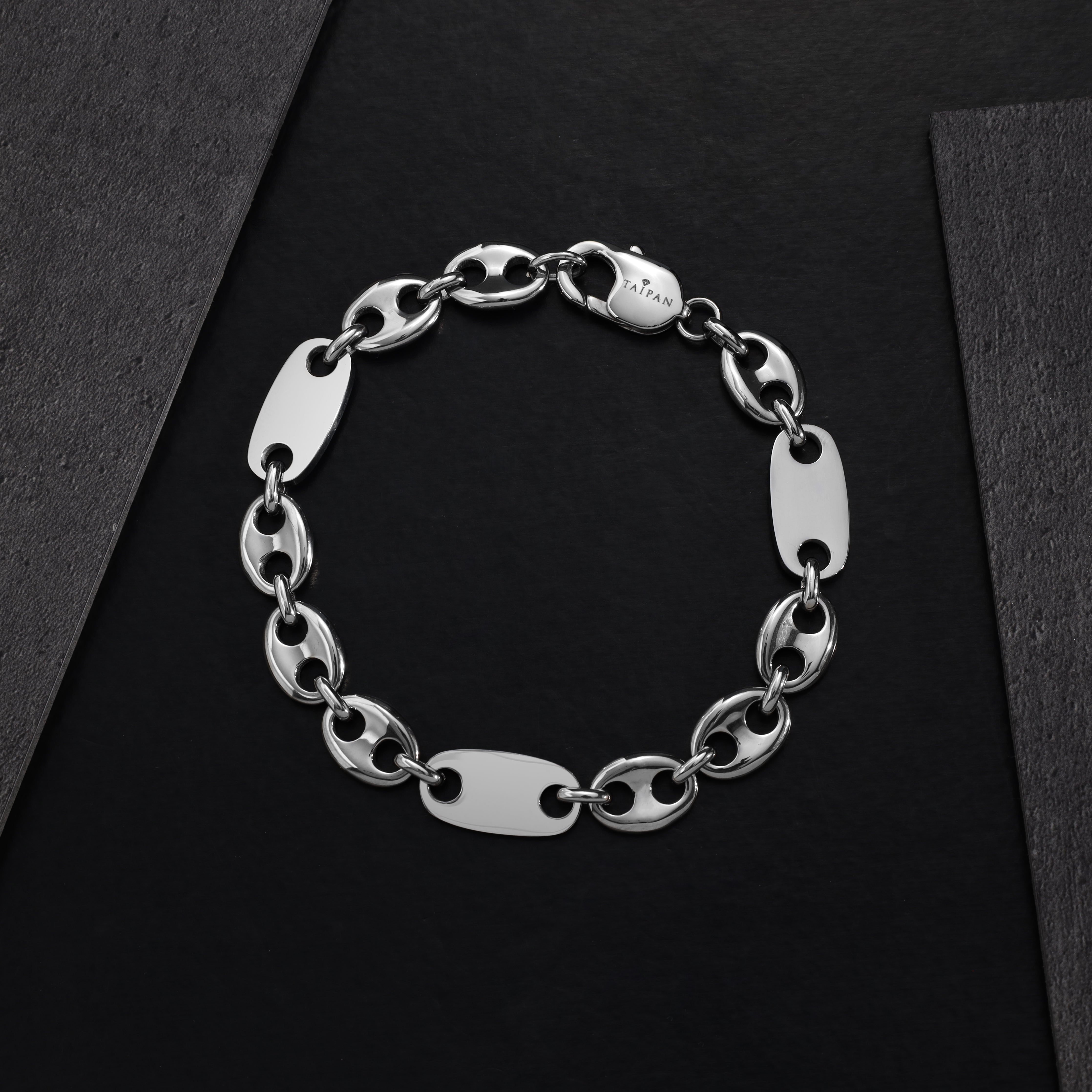 Plattenkette + Bohnenkette Armband 10mm breit aus Edelstahl - Taipan Schmuck