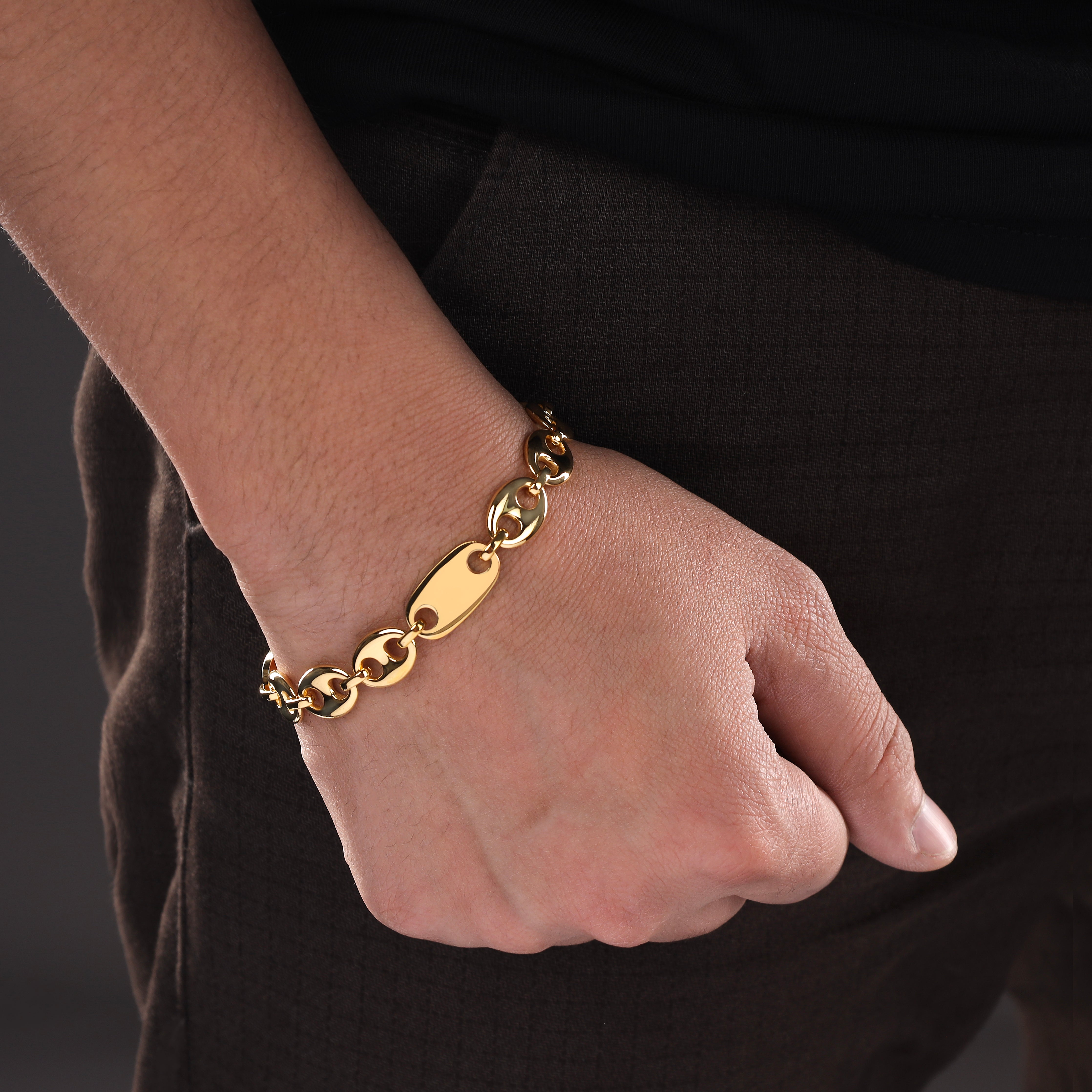 10mm Plattenkette + Bohnenkette Armband aus Edelstahl 18K Vergoldet - Taipan Schmuck