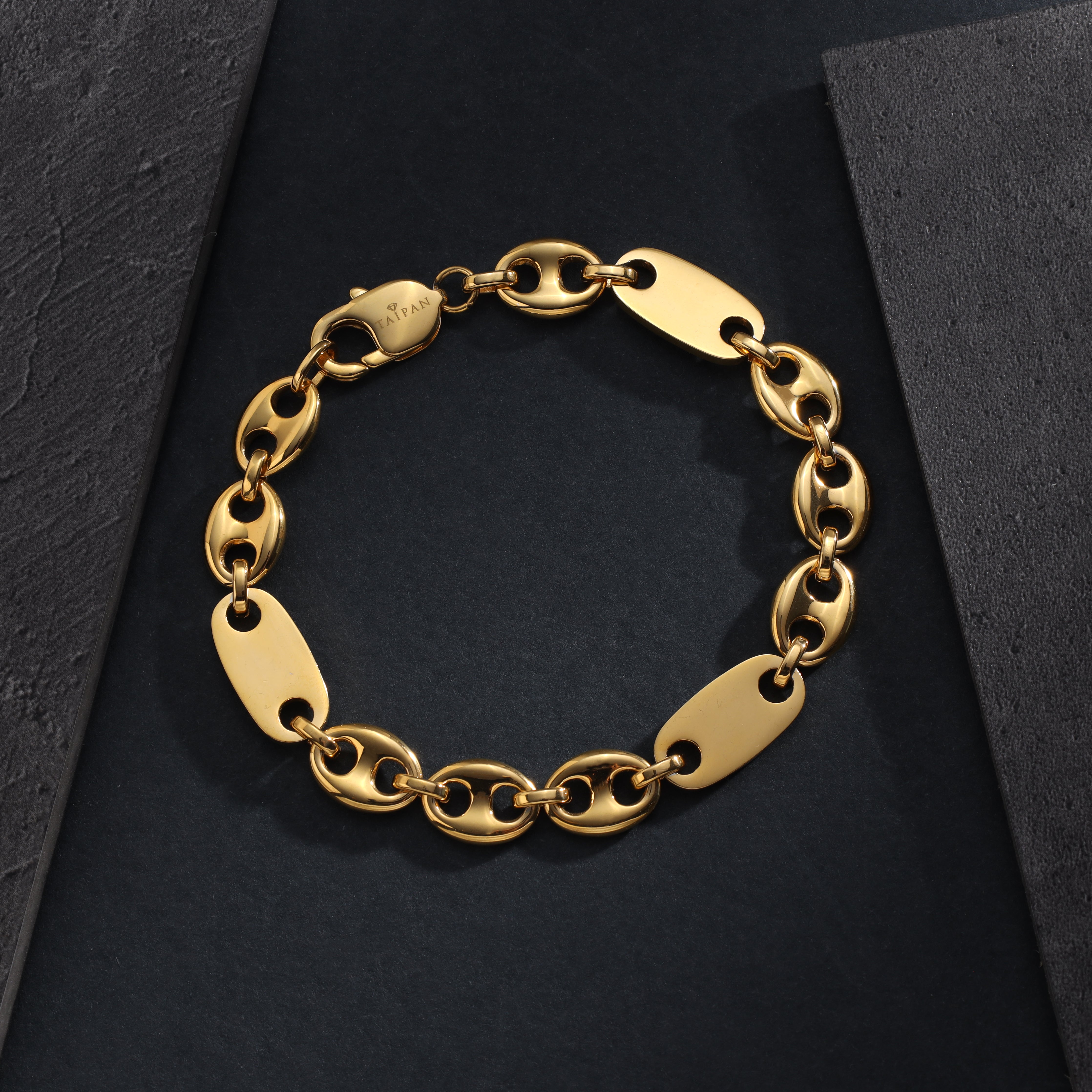 10mm Plattenkette + Bohnenkette Armband aus Edelstahl 18K Vergoldet - Taipan Schmuck