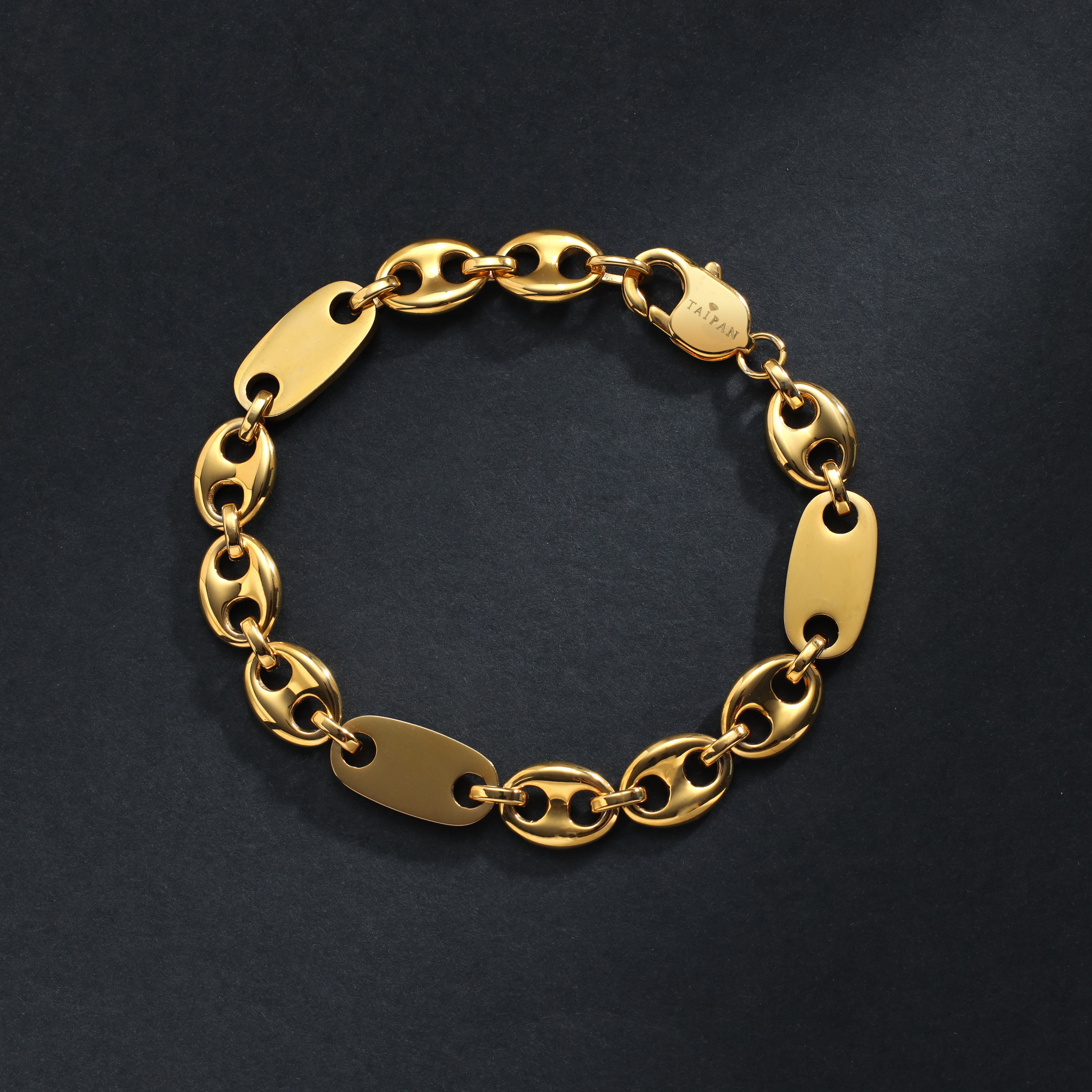 10mm Plattenkette + Bohnenkette Armband aus Edelstahl 18K Vergoldet - Taipan Schmuck