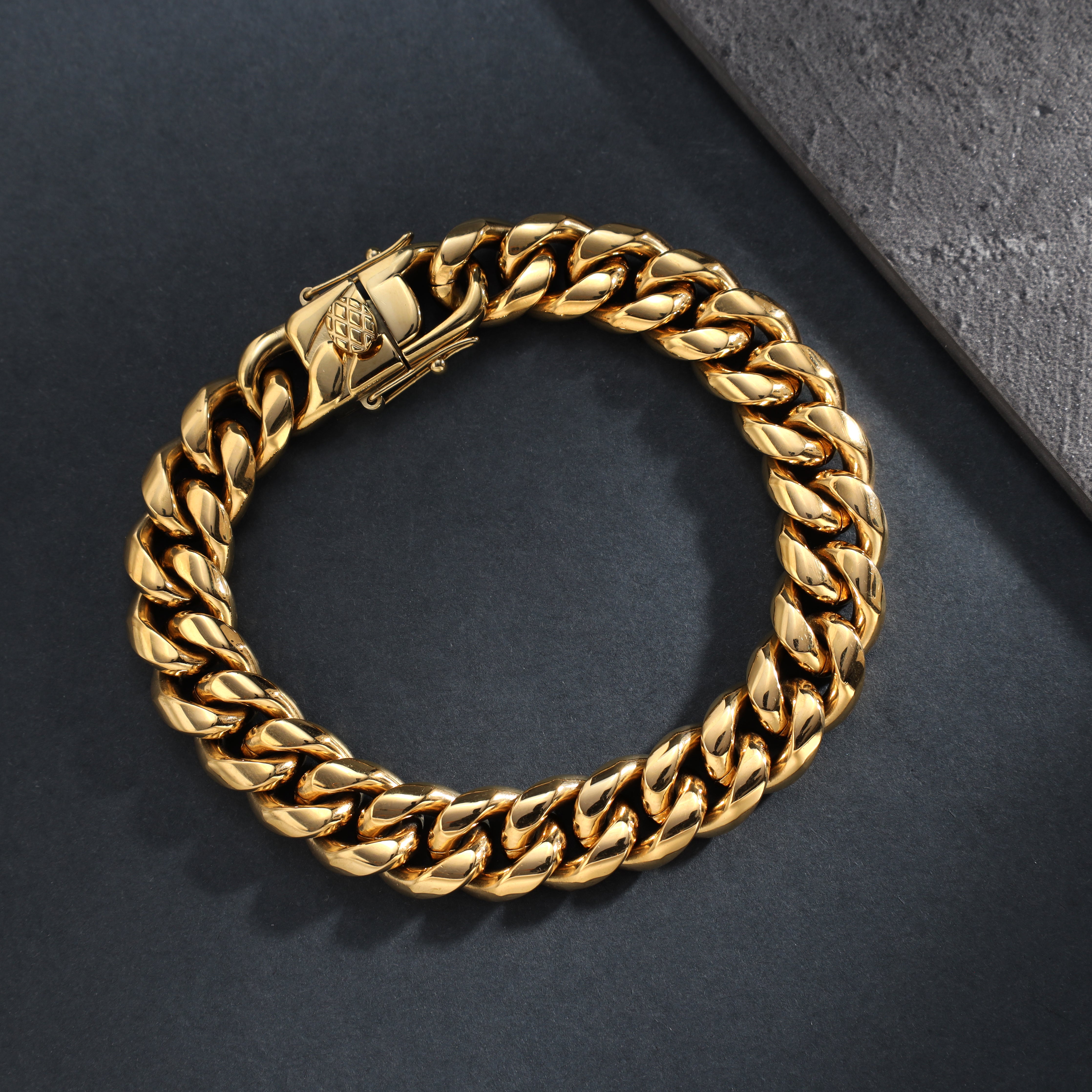 12mm Miami Cuban link Armband 21cm aus Edelstahl 18K vergoldet - Taipan Schmuck