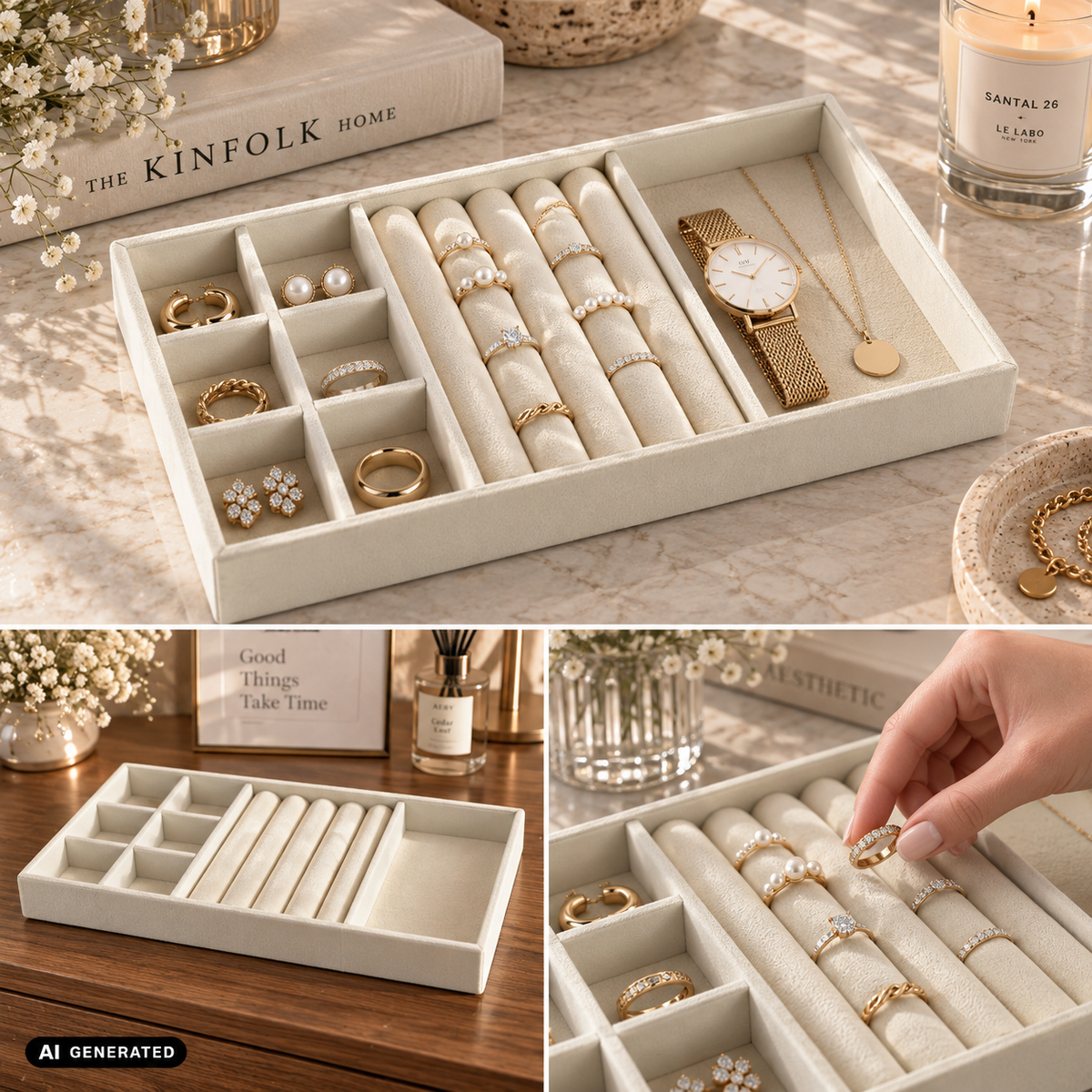 Schmucklade Beige für Schmuckpräsentation und Aufbewahrung 3 Fächer