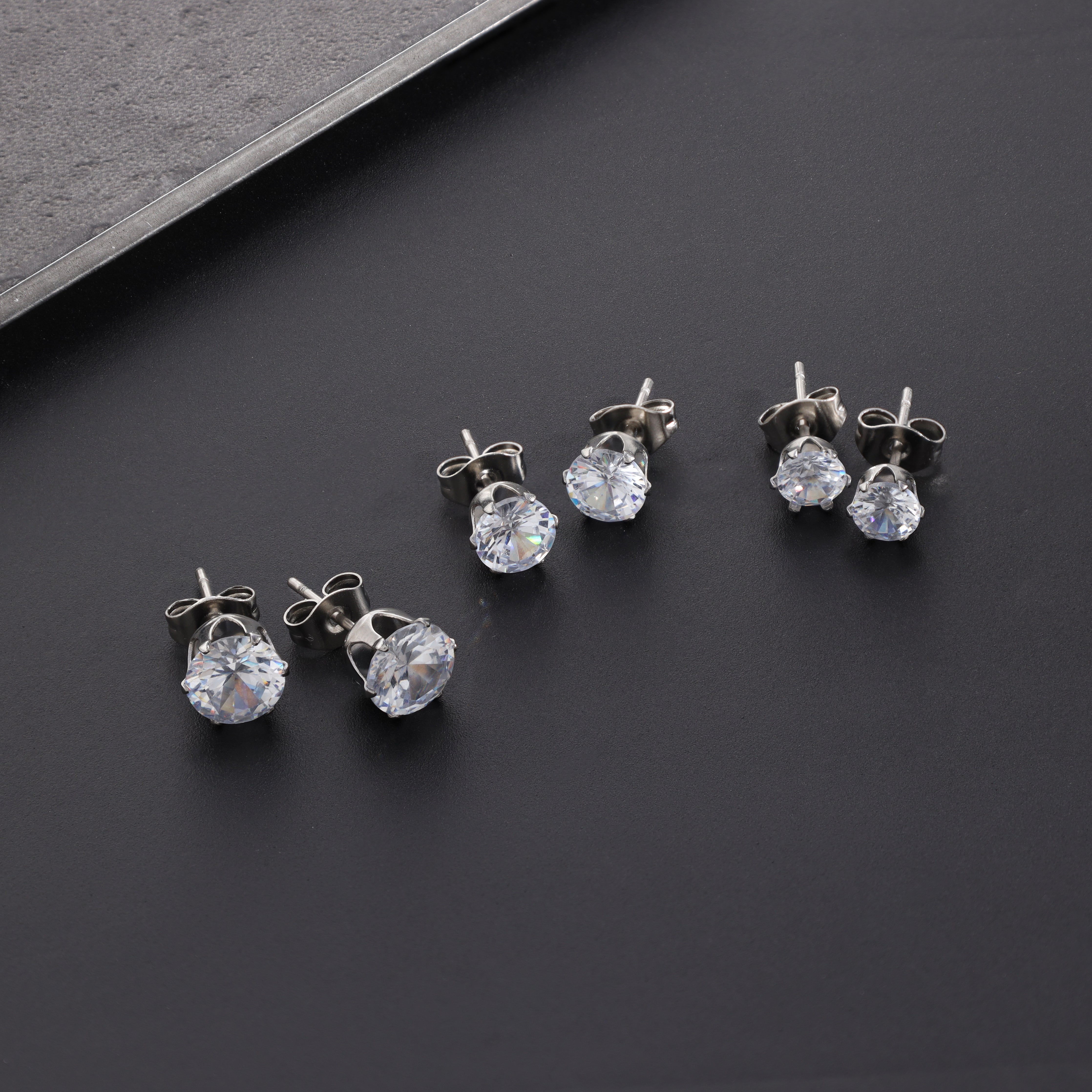 3er Set 5mm 6mm 7mm Damen Diamond runde Ohrringe Ohrstecker aus Edelstahl - Taipan Schmuck