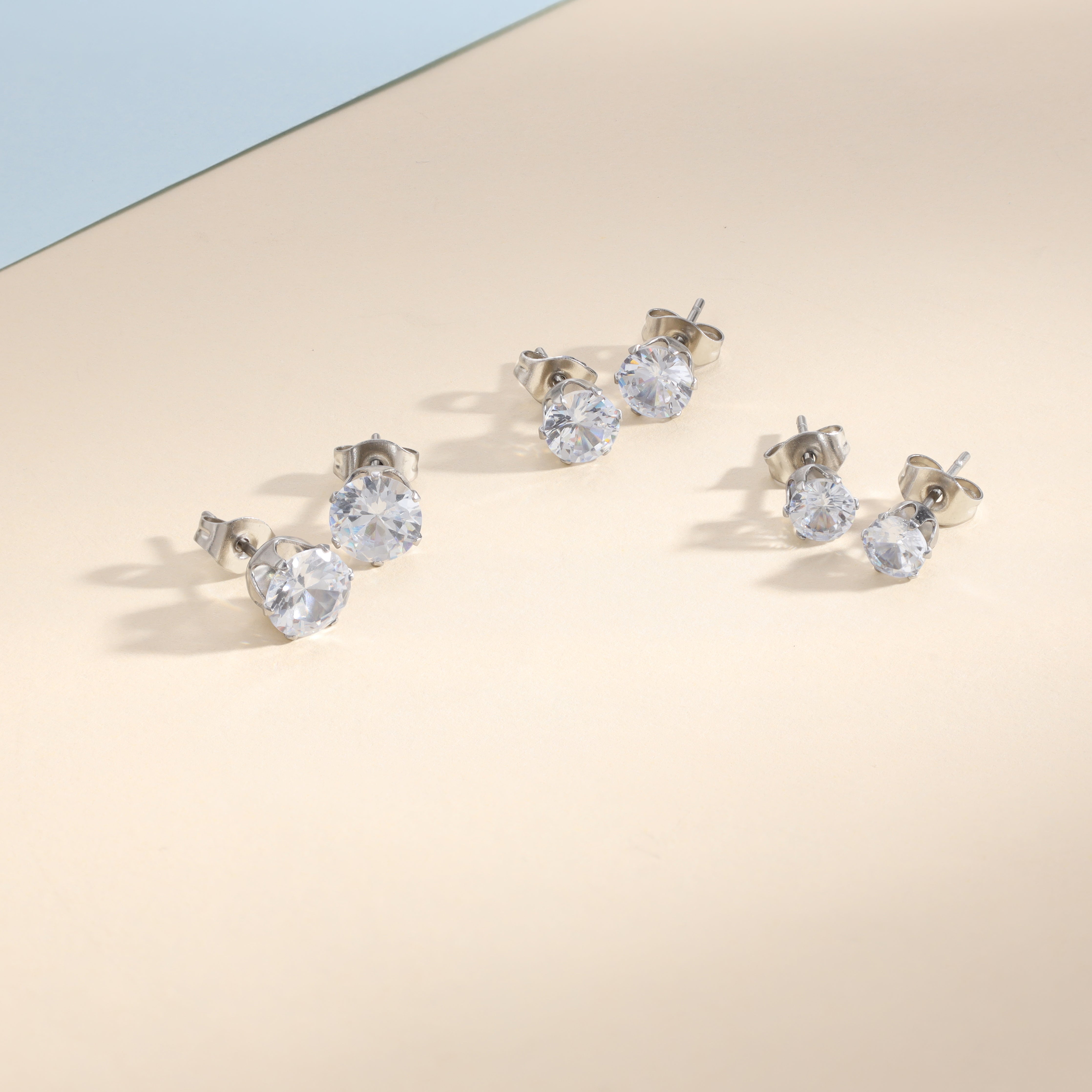 3er Set 5mm 6mm 7mm Damen Diamond runde Ohrringe Ohrstecker aus Edelstahl - Taipan Schmuck