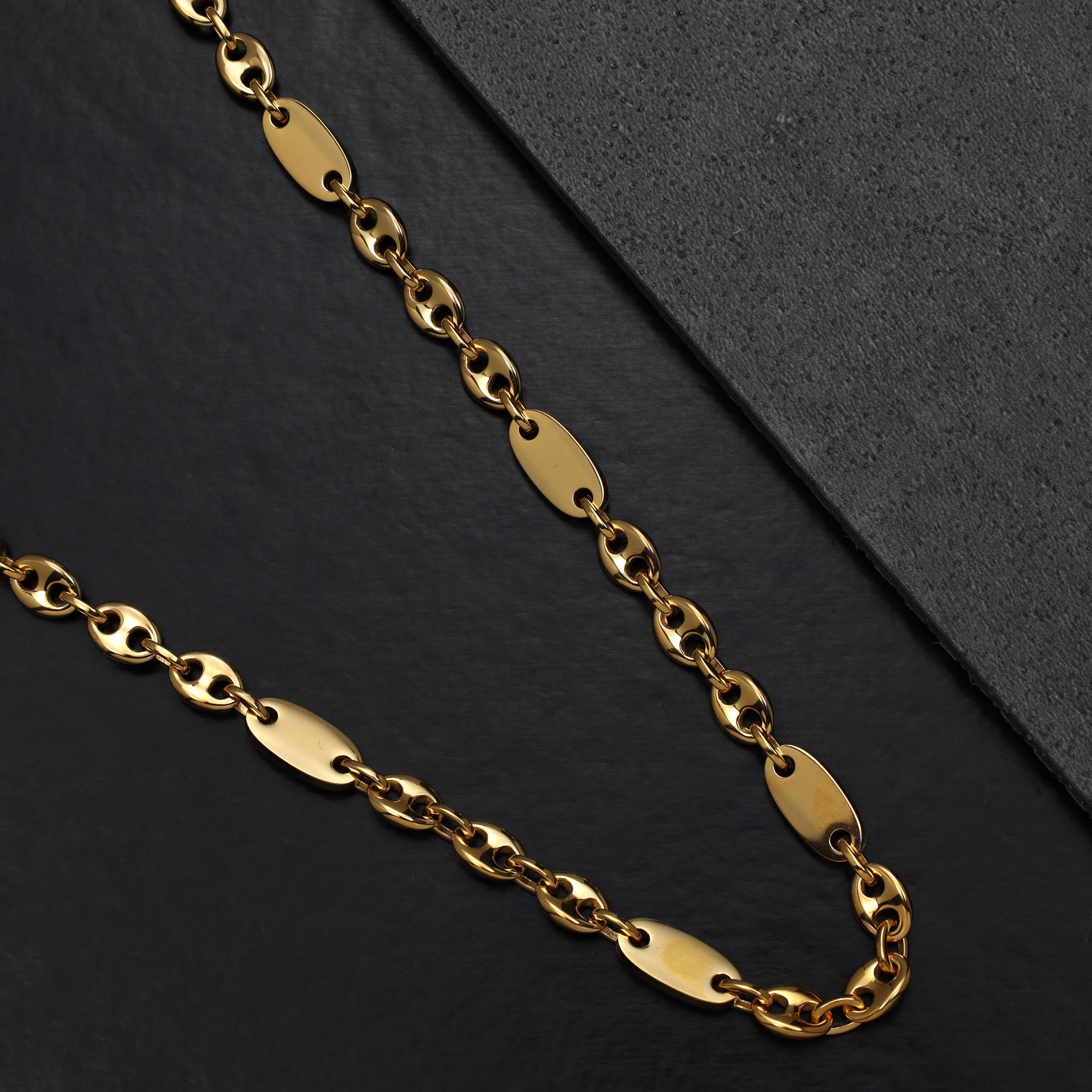 6mm Plattenkette + Bohnenkette aus Edelstahl 18K Vergoldet - Taipan Schmuck