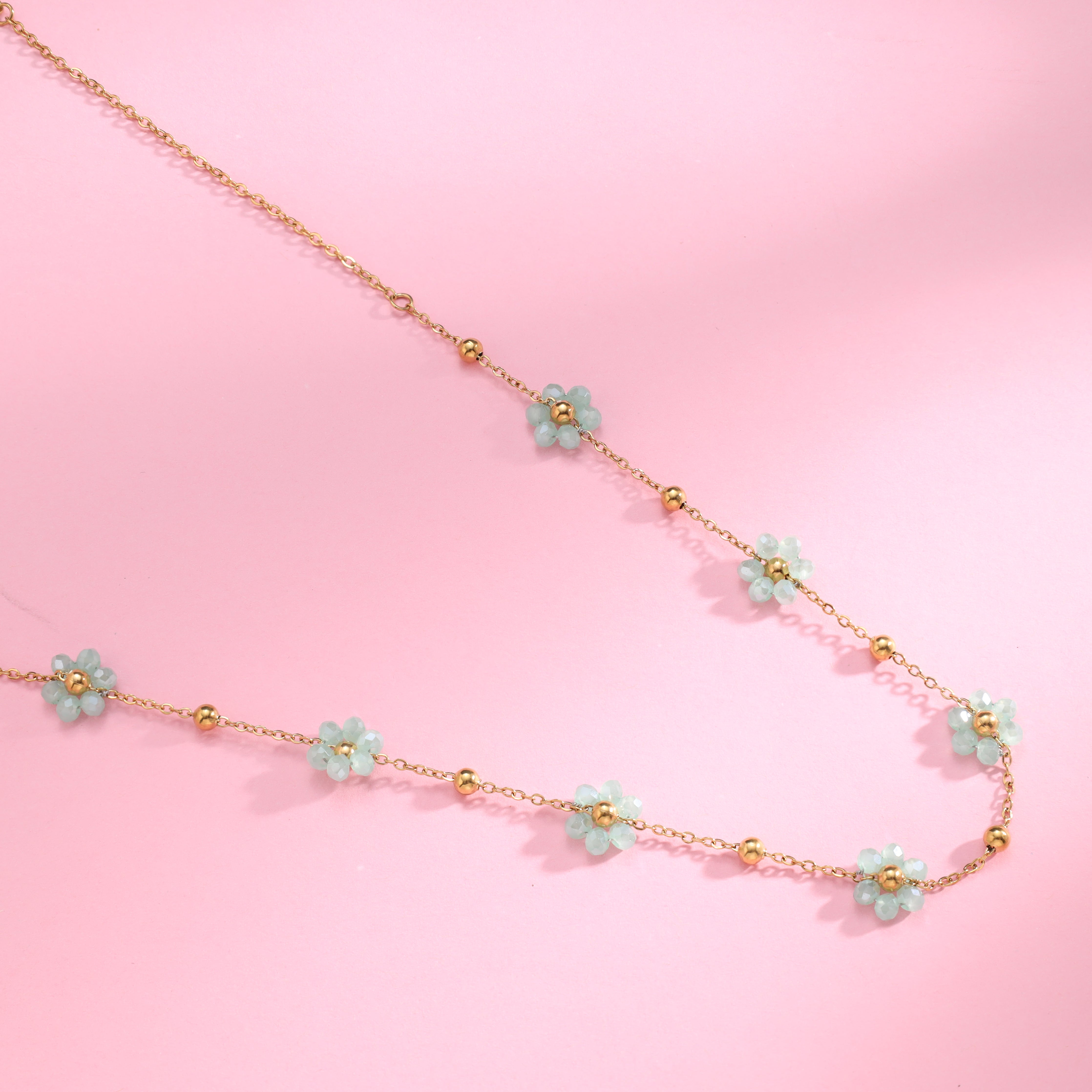 Damen Ankerkette mit grünen Blumen aus Edelstahl 18K Vergoldet - Taipan Schmuck