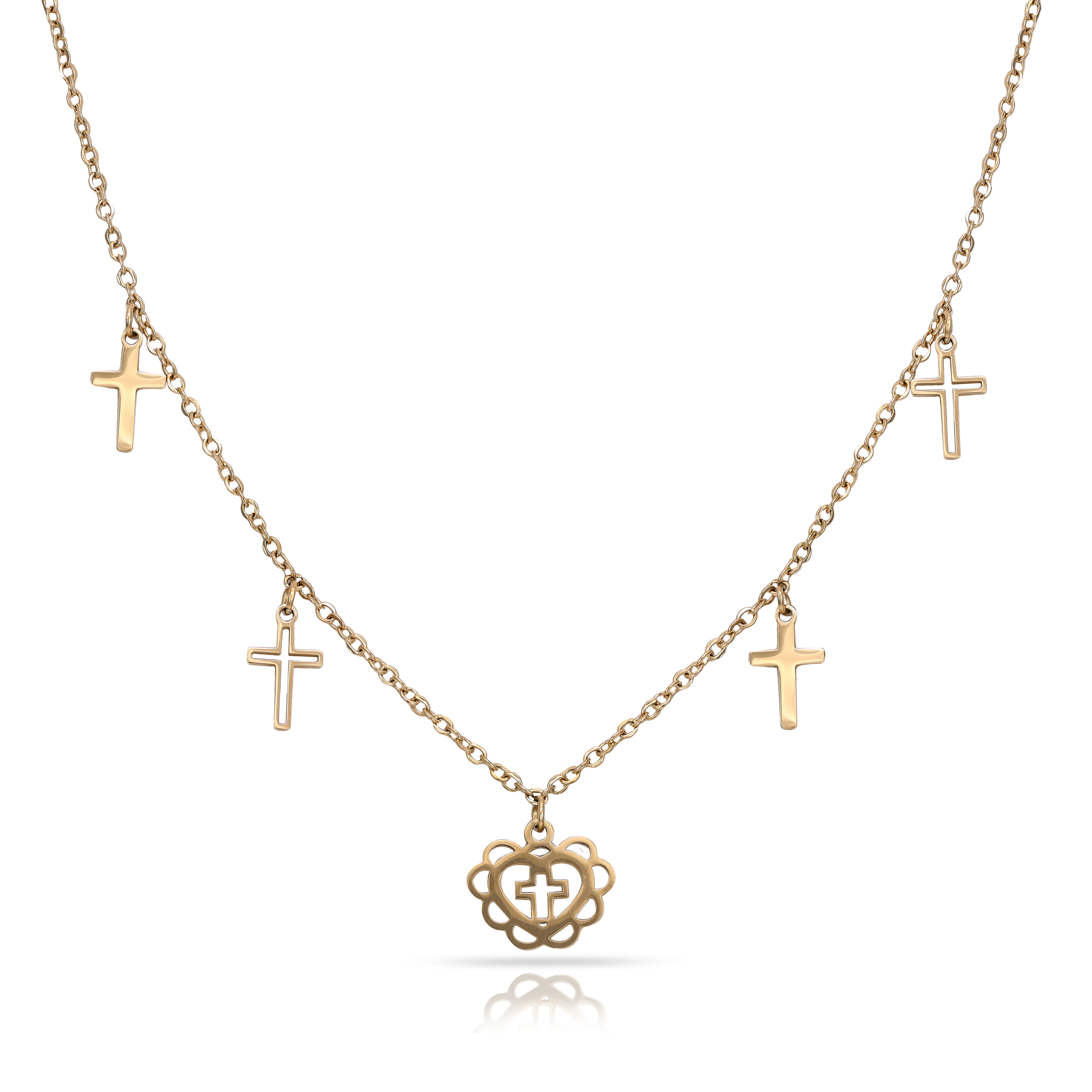Damenkette mit Kreuz & Herz Anhänger aus Edelstahl 18K vergoldet - Taipan Schmuck