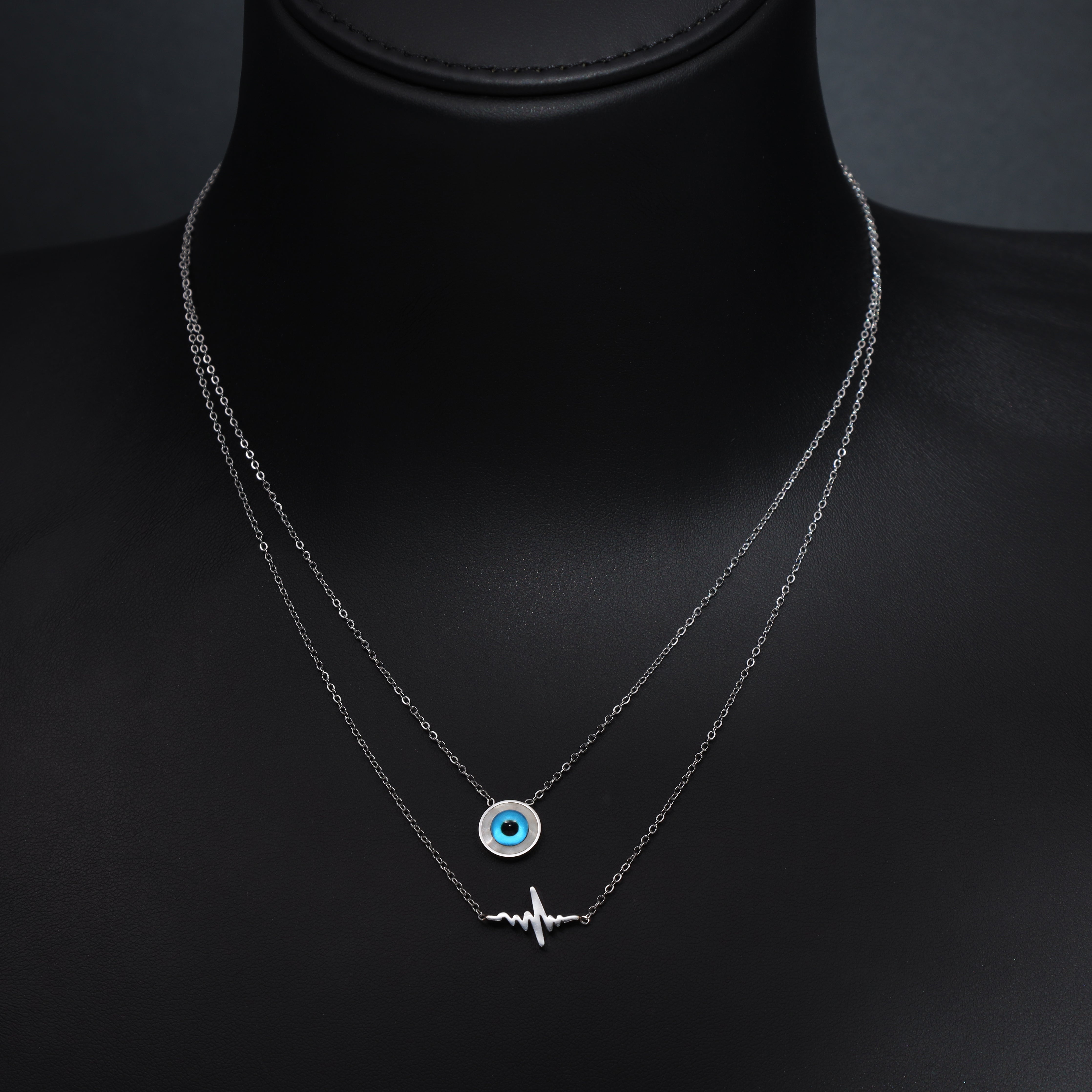 Layering Damenkette mit Herzschlag und Evil Eye Nazar Anhänger aus Edelstahl - Taipan Schmuck