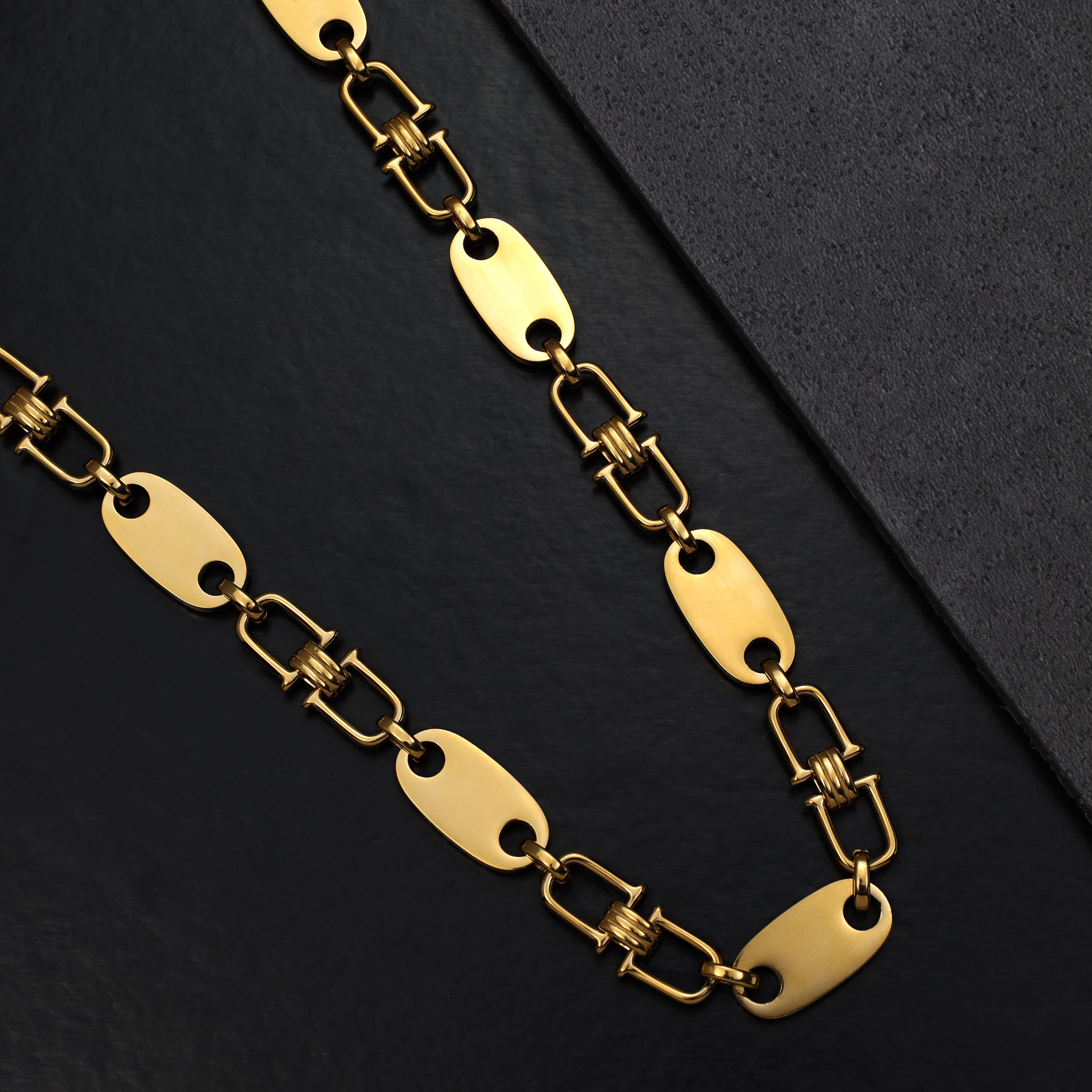 10mm Plattenkette bewegliche Steigbügel aus Edelstahl 18K vergoldet - Taipan Schmuck