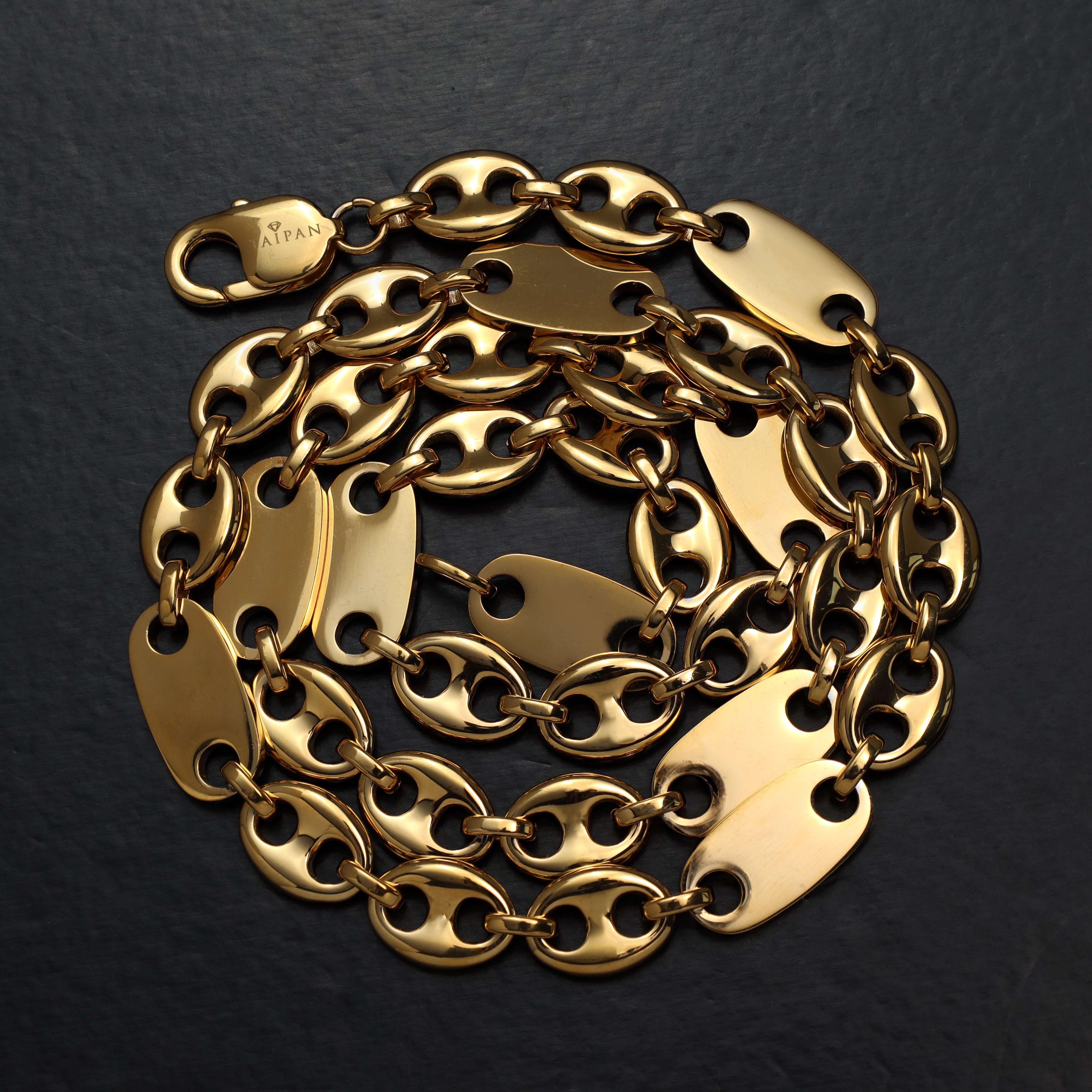 10mm Plattenkette + Bohnenkette aus Edelstahl 18K Vergoldet - Taipan Schmuck
