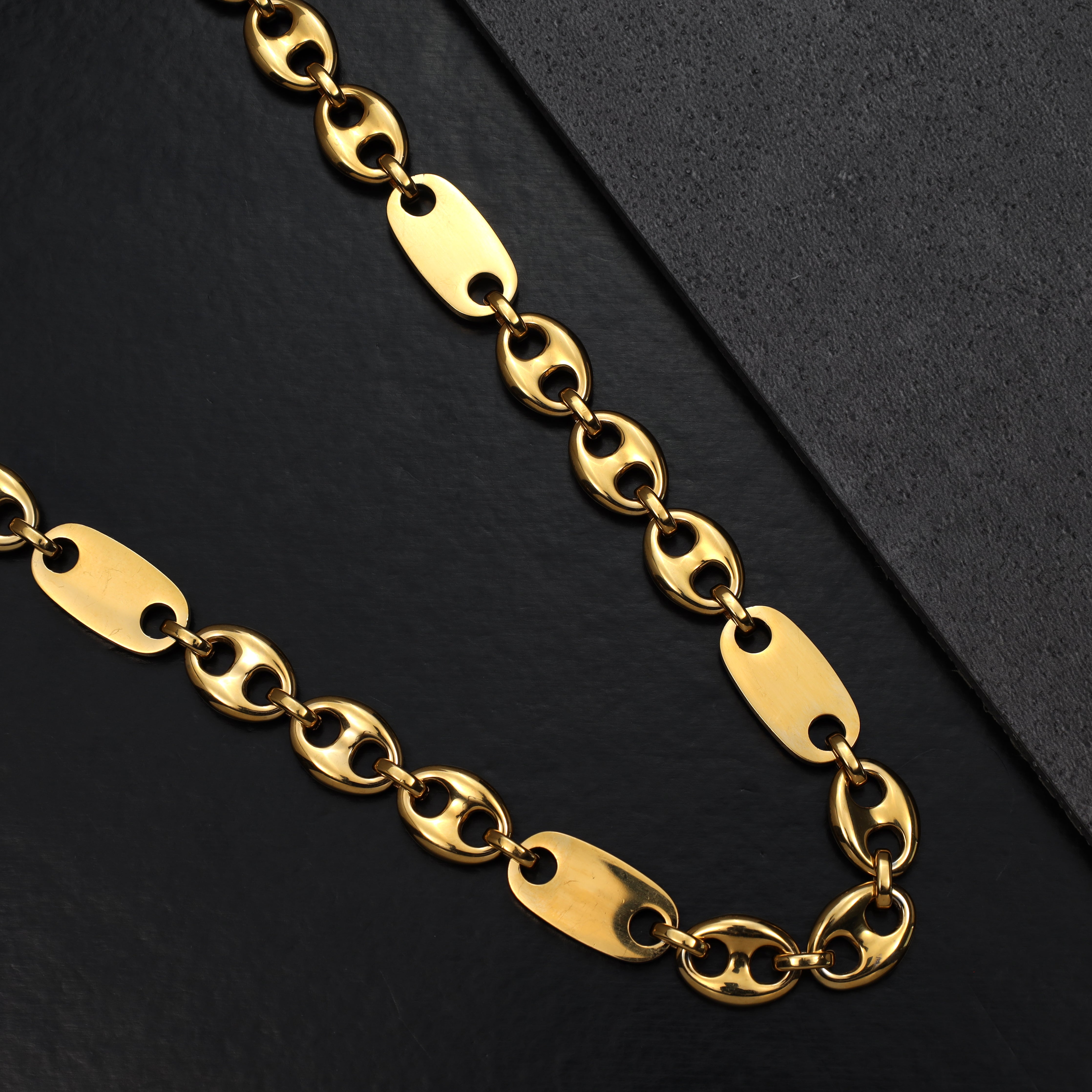 10mm Plattenkette + Bohnenkette aus Edelstahl 18K Vergoldet - Taipan Schmuck