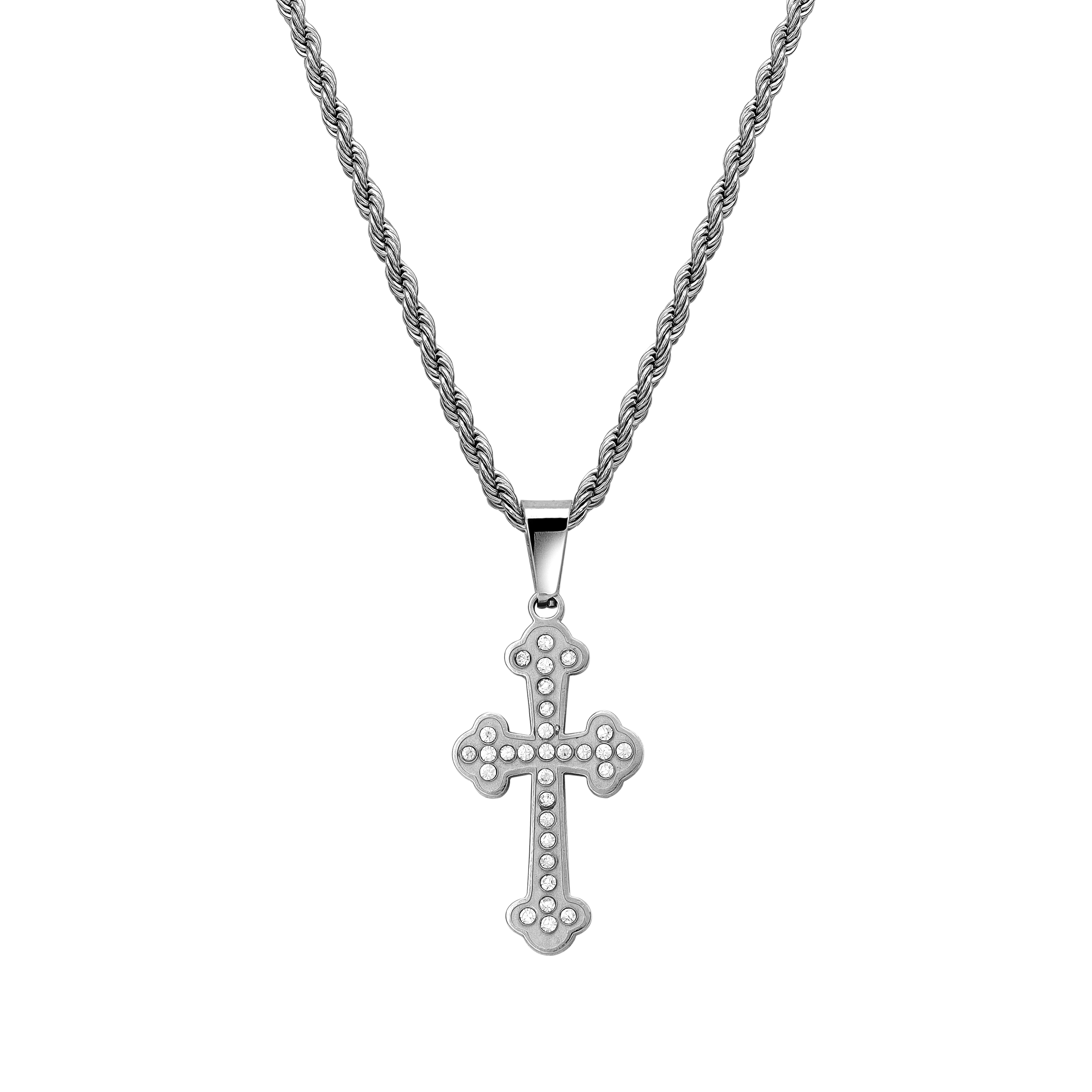 Set Kordelkette Rope Chain mit Iced Out Stil Kreuz Anhänger aus Edelstahl - Taipan Schmuck