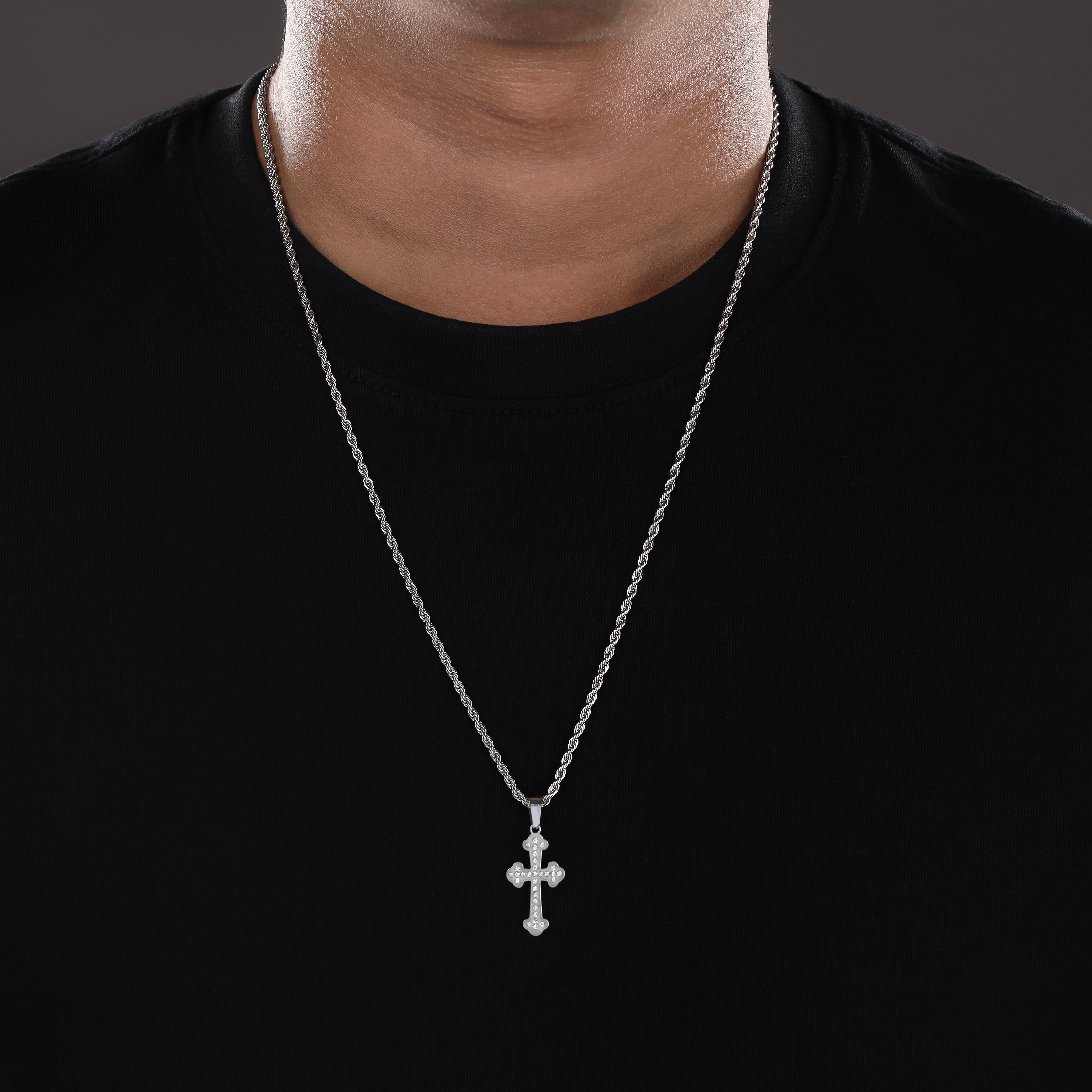 Set Kordelkette Rope Chain mit Iced Out Stil Kreuz Anhänger aus Edelstahl - Taipan Schmuck