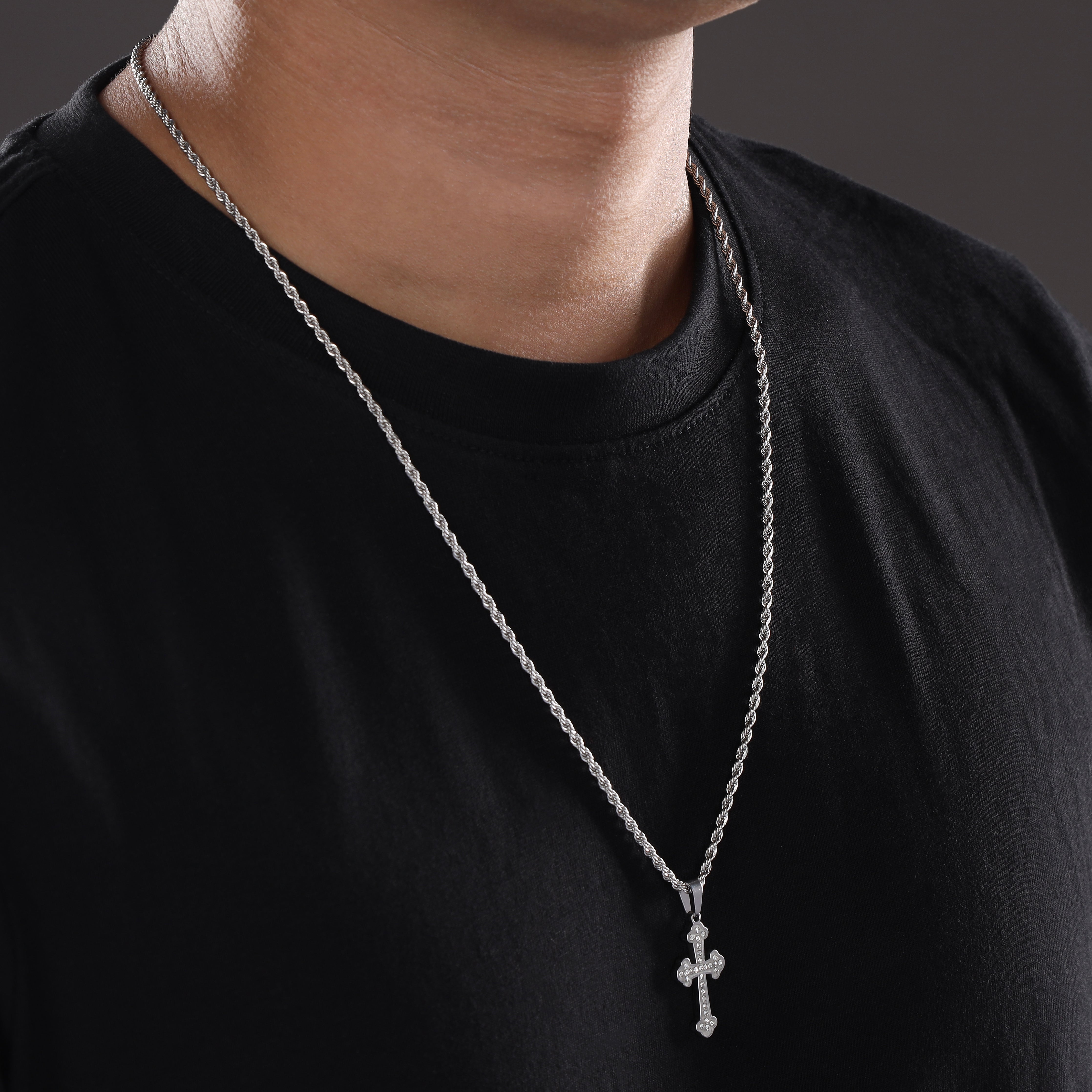 Set Kordelkette Rope Chain mit Iced Out Stil Kreuz Anhänger aus Edelstahl - Taipan Schmuck