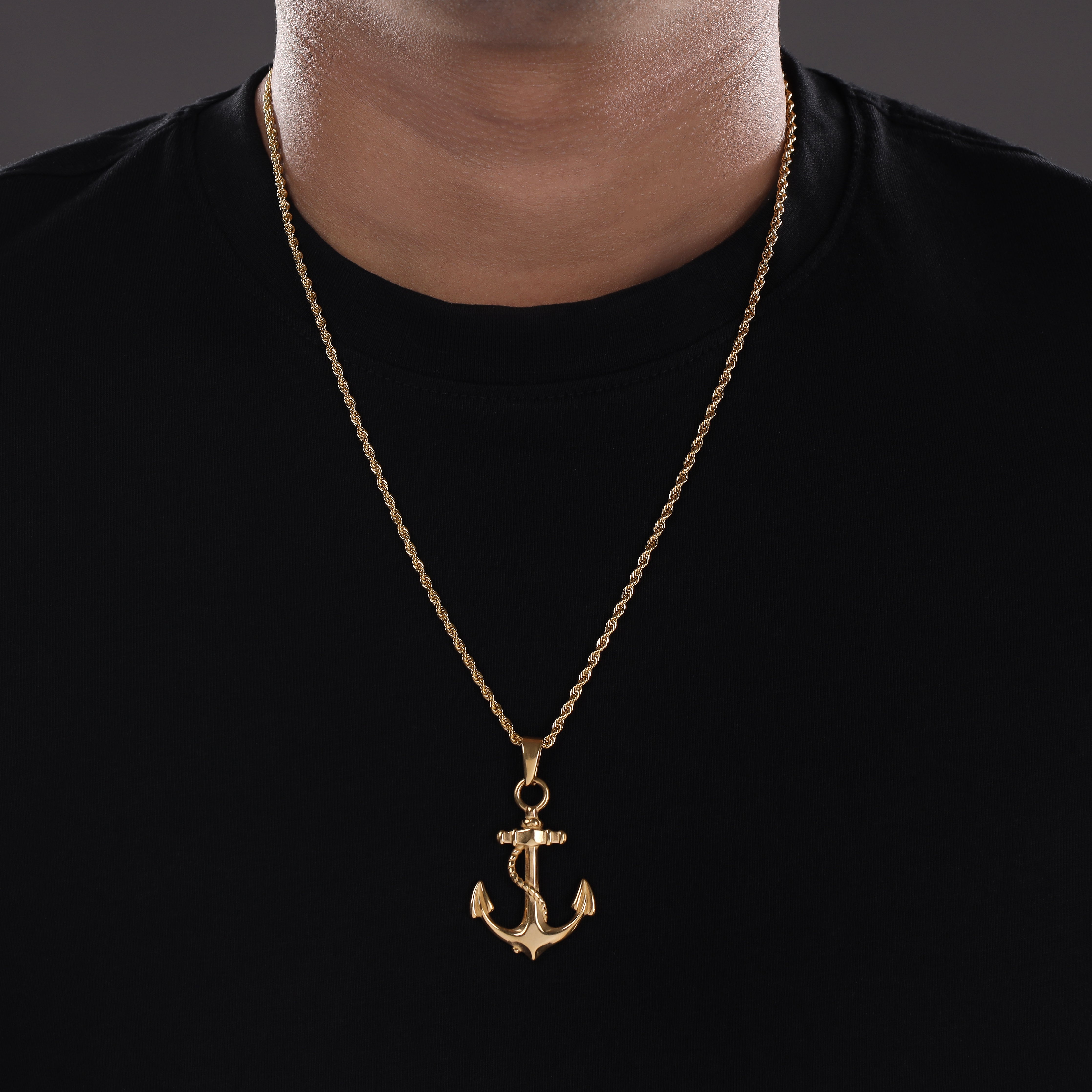 Set Kordelkette Rope Chain mit Anker Anhänger aus Edelstahl 18K vergoldet - Taipan Schmuck