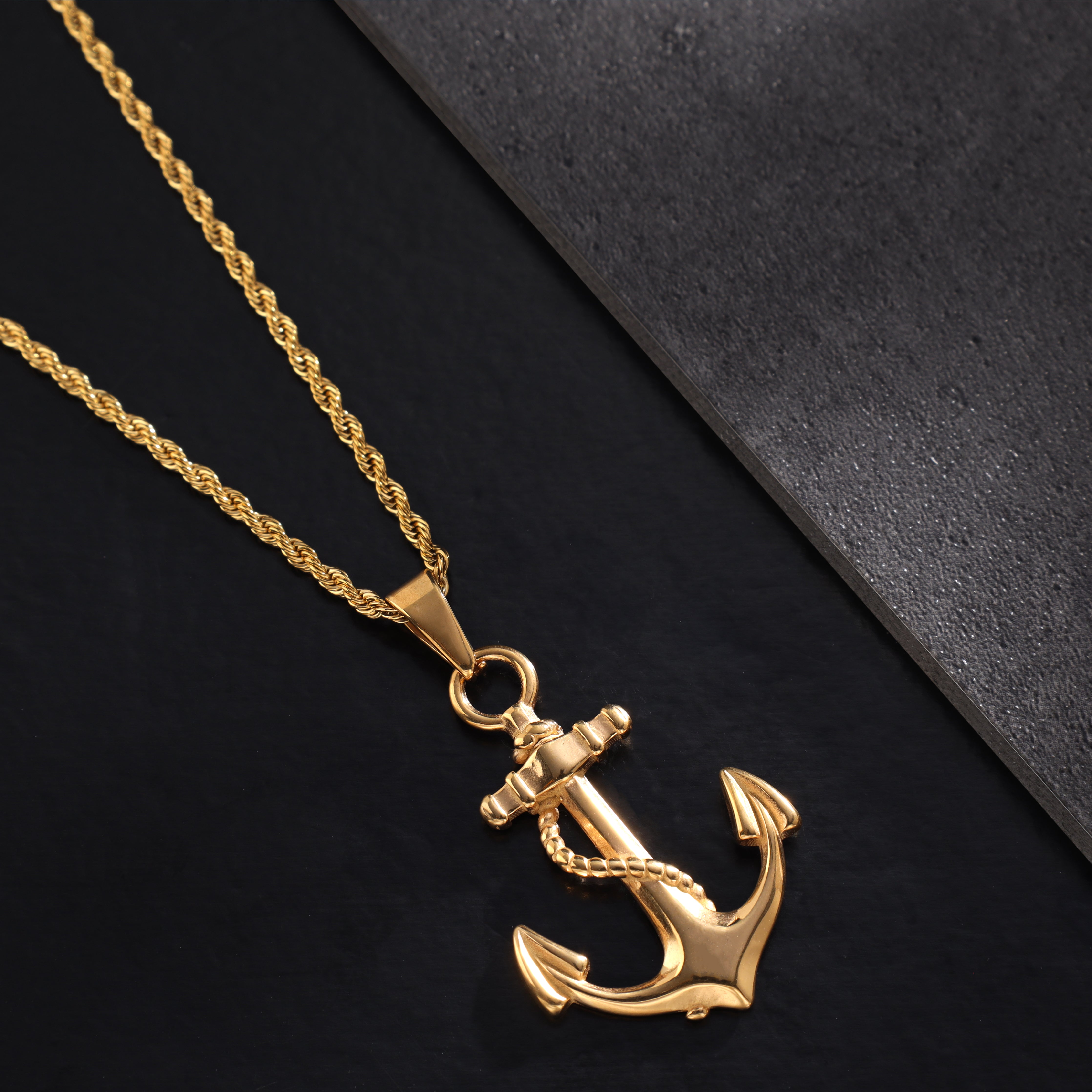 Set Kordelkette Rope Chain mit Anker Anhänger aus Edelstahl 18K vergoldet - Taipan Schmuck