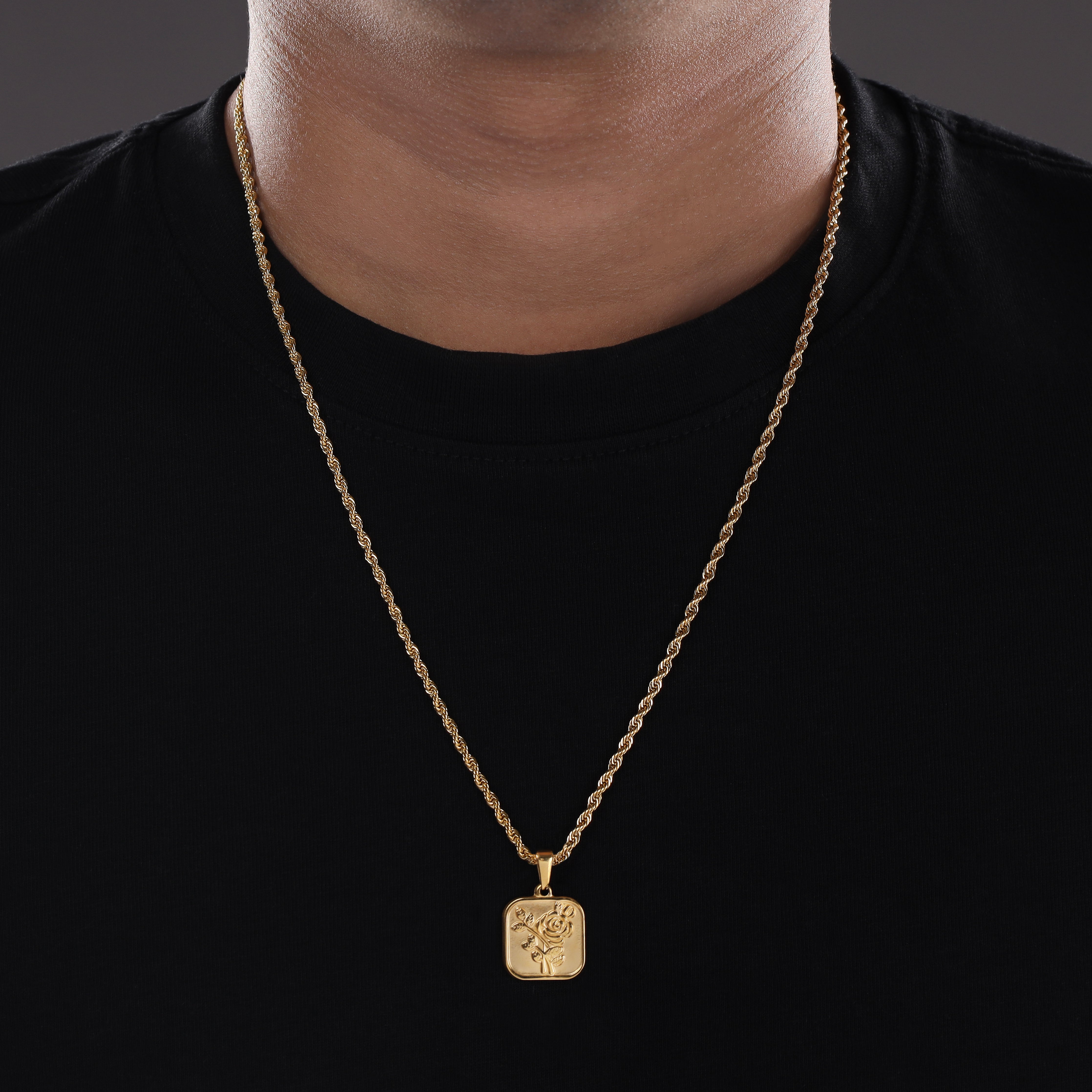 Set Kordelkette Rope Chain mit Rose Anhänger aus Edelstahl 18K vergoldet
