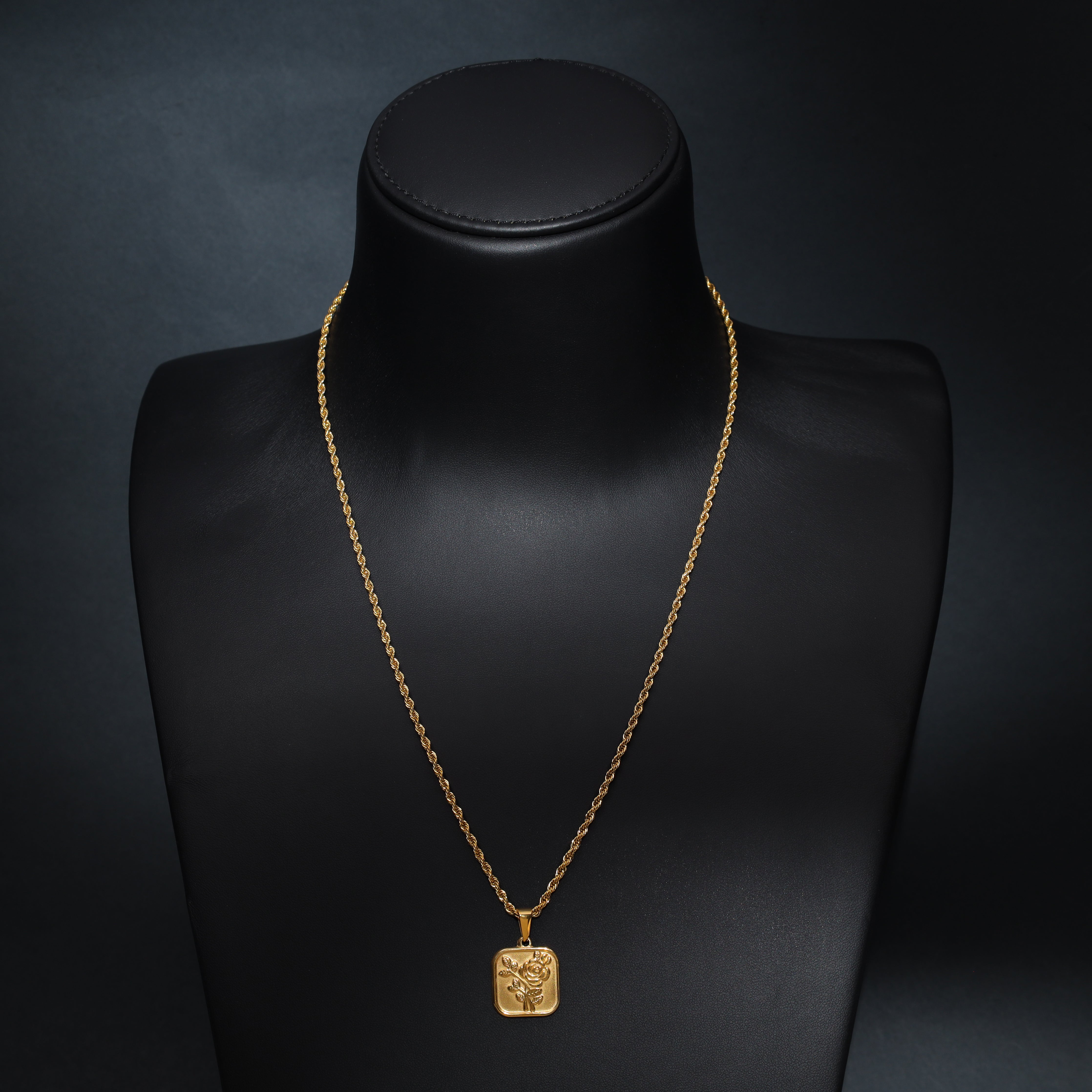 Set Kordelkette Rope Chain mit Rose Anhänger aus Edelstahl 18K vergoldet