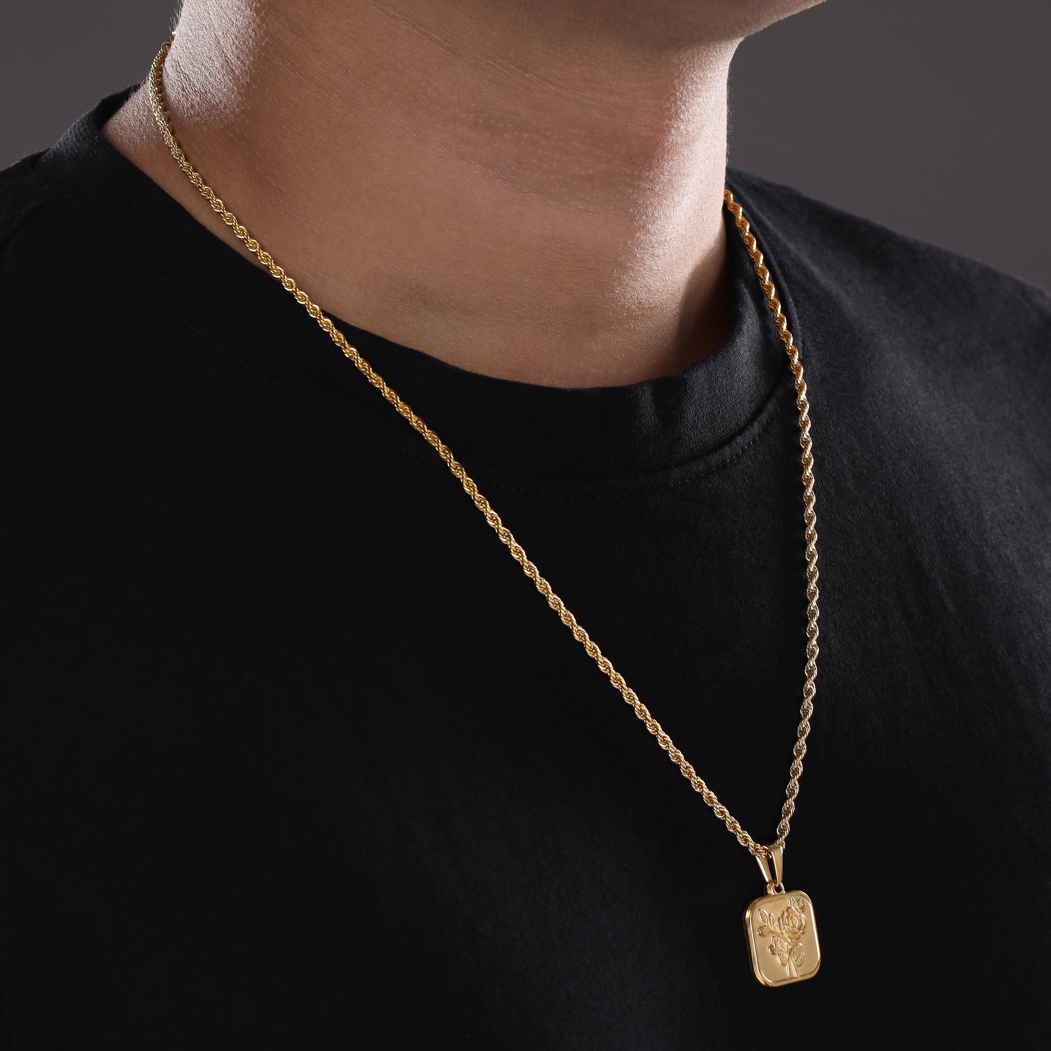 Set Kordelkette Rope Chain mit Rose Anhänger aus Edelstahl 18K vergoldet