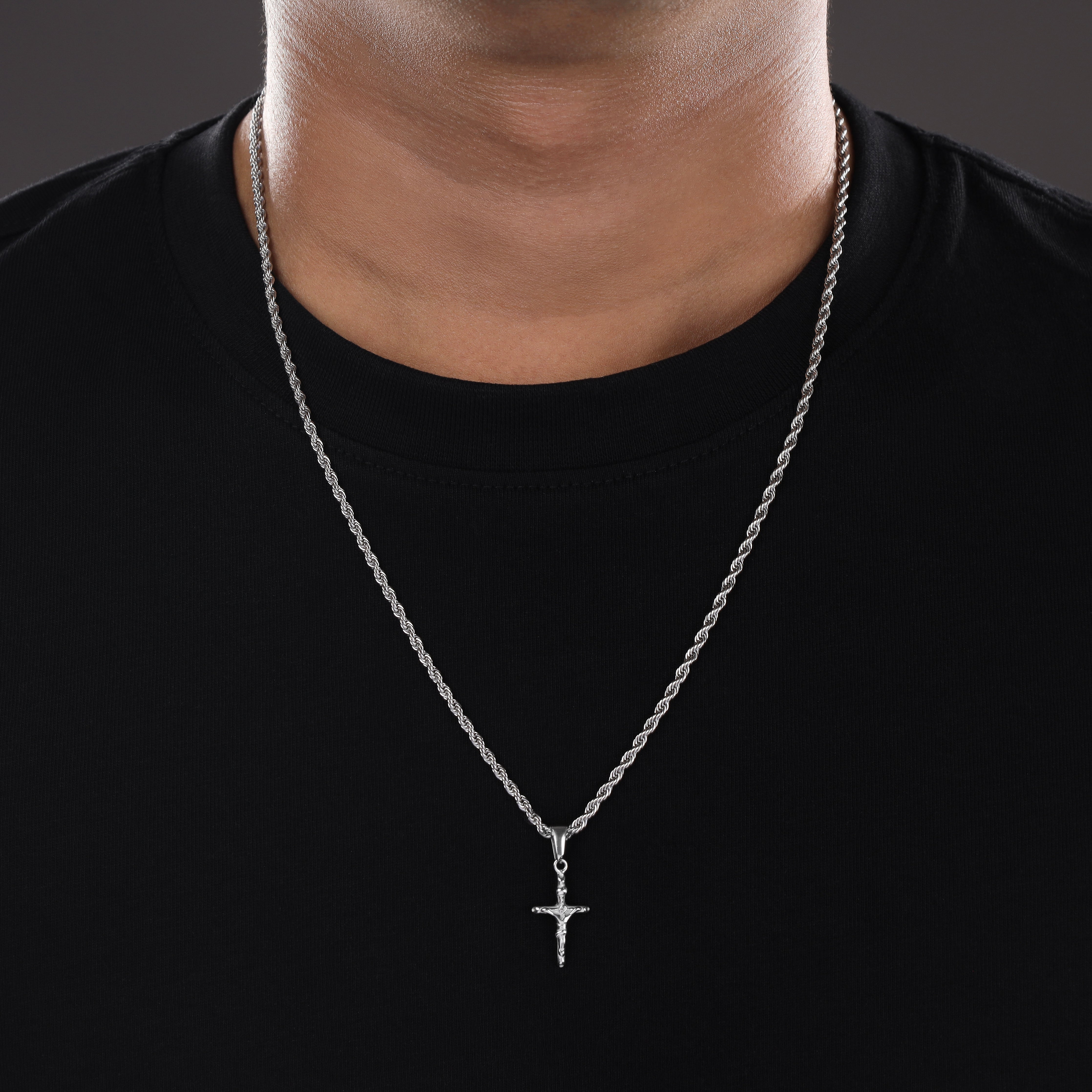 Set Kordelkette Rope Chain mit Kreuz Anhänger aus Edelstahl - Taipan Schmuck