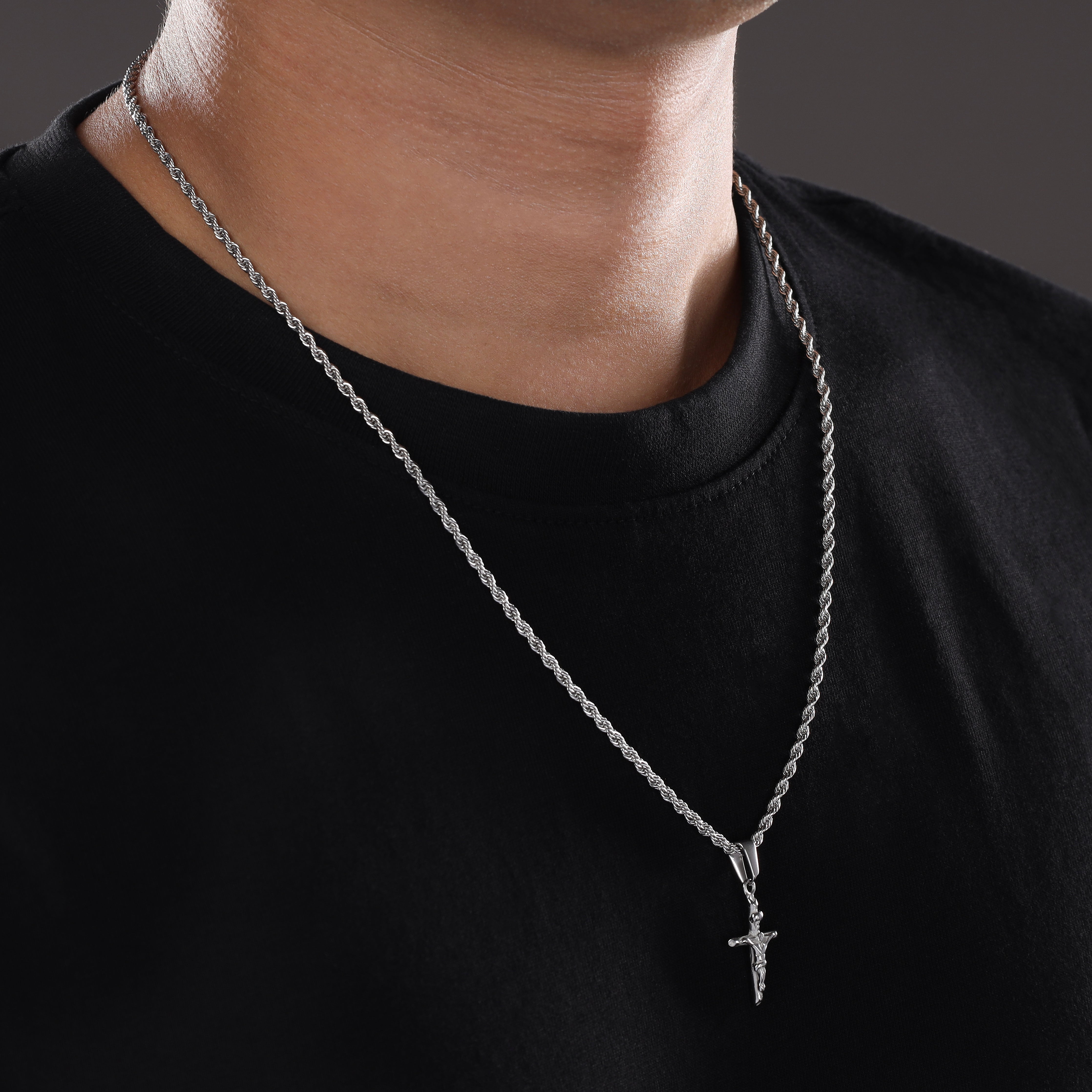 Set Kordelkette Rope Chain mit Kreuz Anhänger aus Edelstahl - Taipan Schmuck