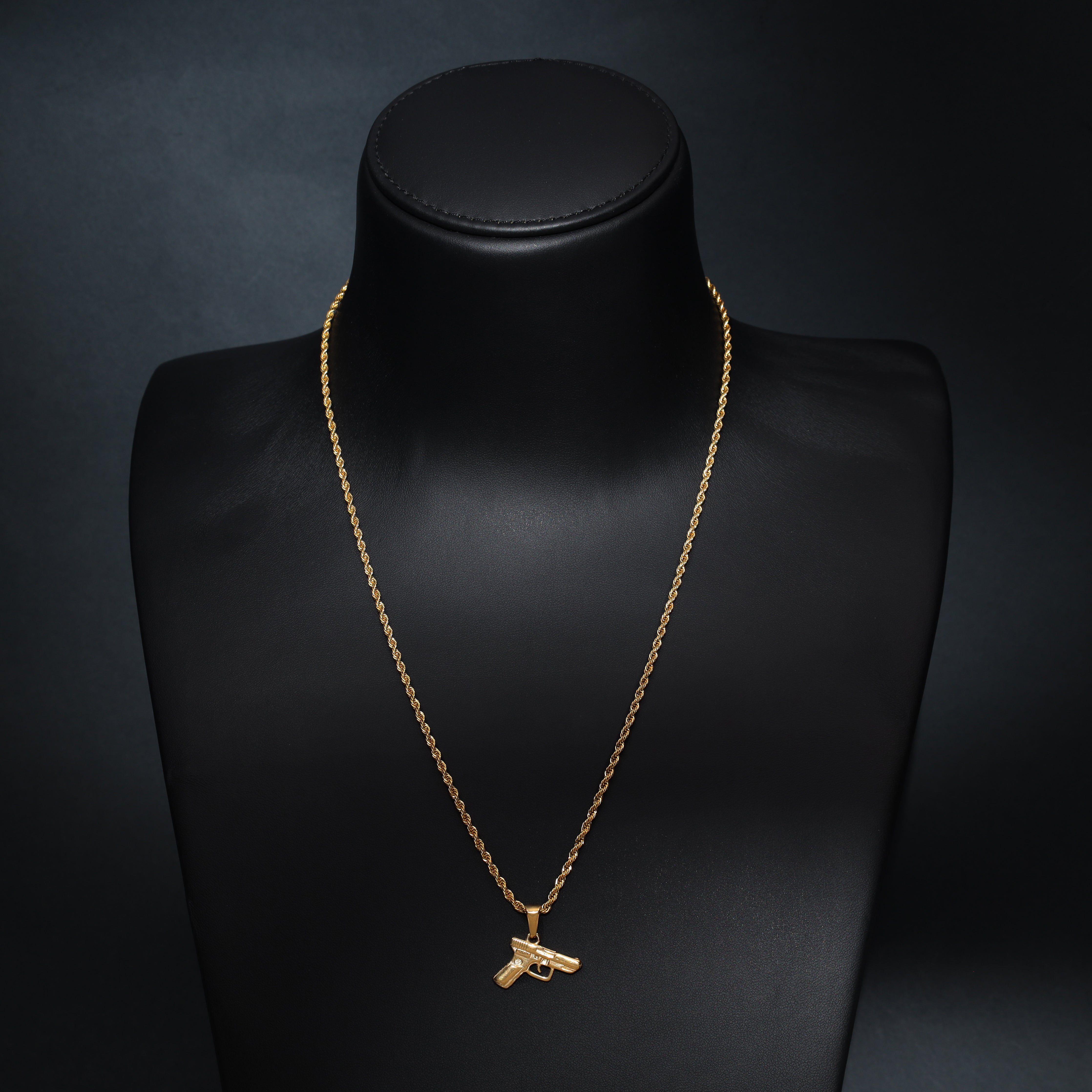 Set Kordelkette Rope Chain mit Pistole Anhänger aus Edelstahl 18K vergoldet - Taipan Schmuck