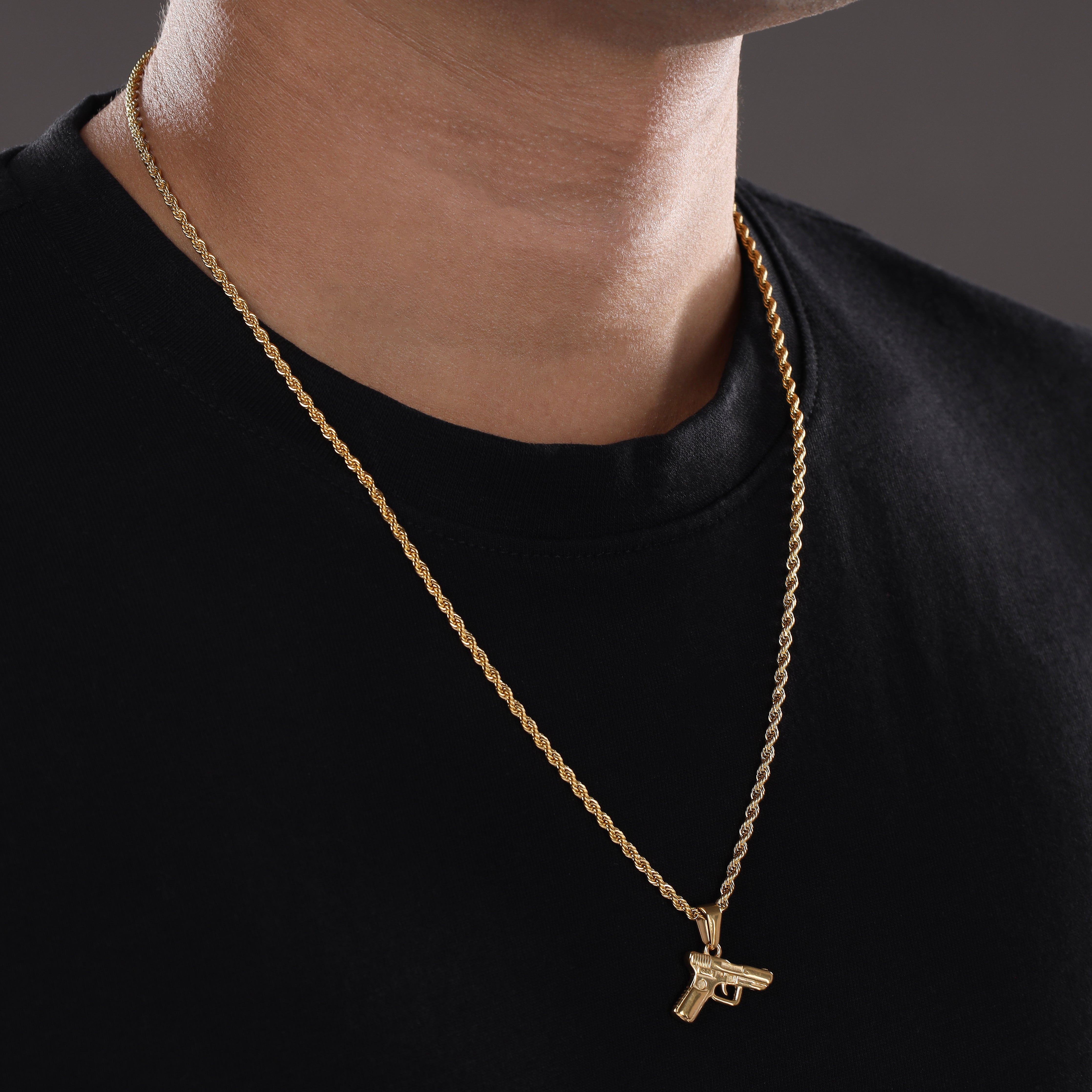 Set Kordelkette Rope Chain mit Pistole Anhänger aus Edelstahl 18K vergoldet - Taipan Schmuck