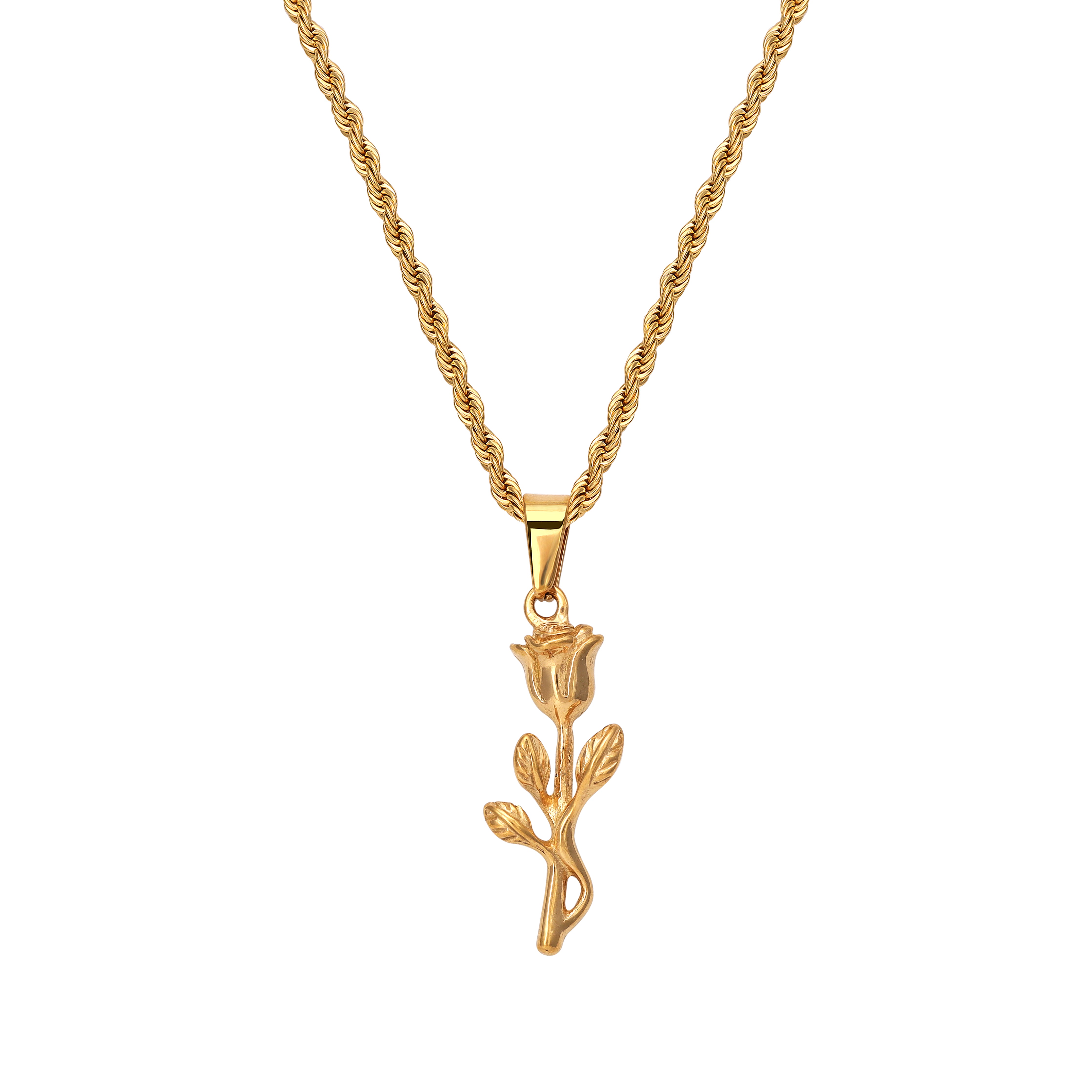 Set Kordelkette Rope Chain mit Rose Anhänger aus Edelstahl 18K vergoldet - Taipan Schmuck