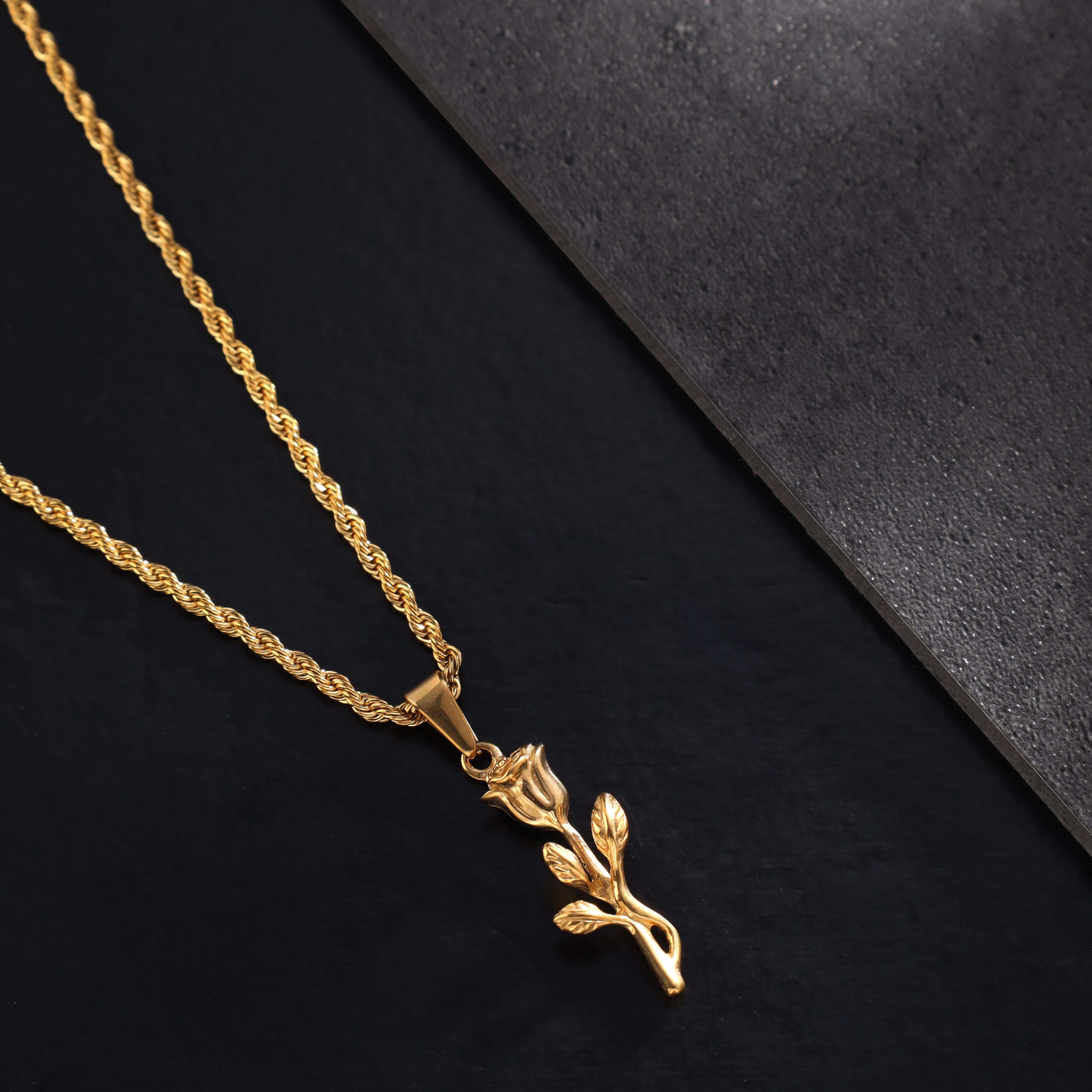 Set Kordelkette Rope Chain mit Rose Anhänger aus Edelstahl 18K vergoldet - Taipan Schmuck