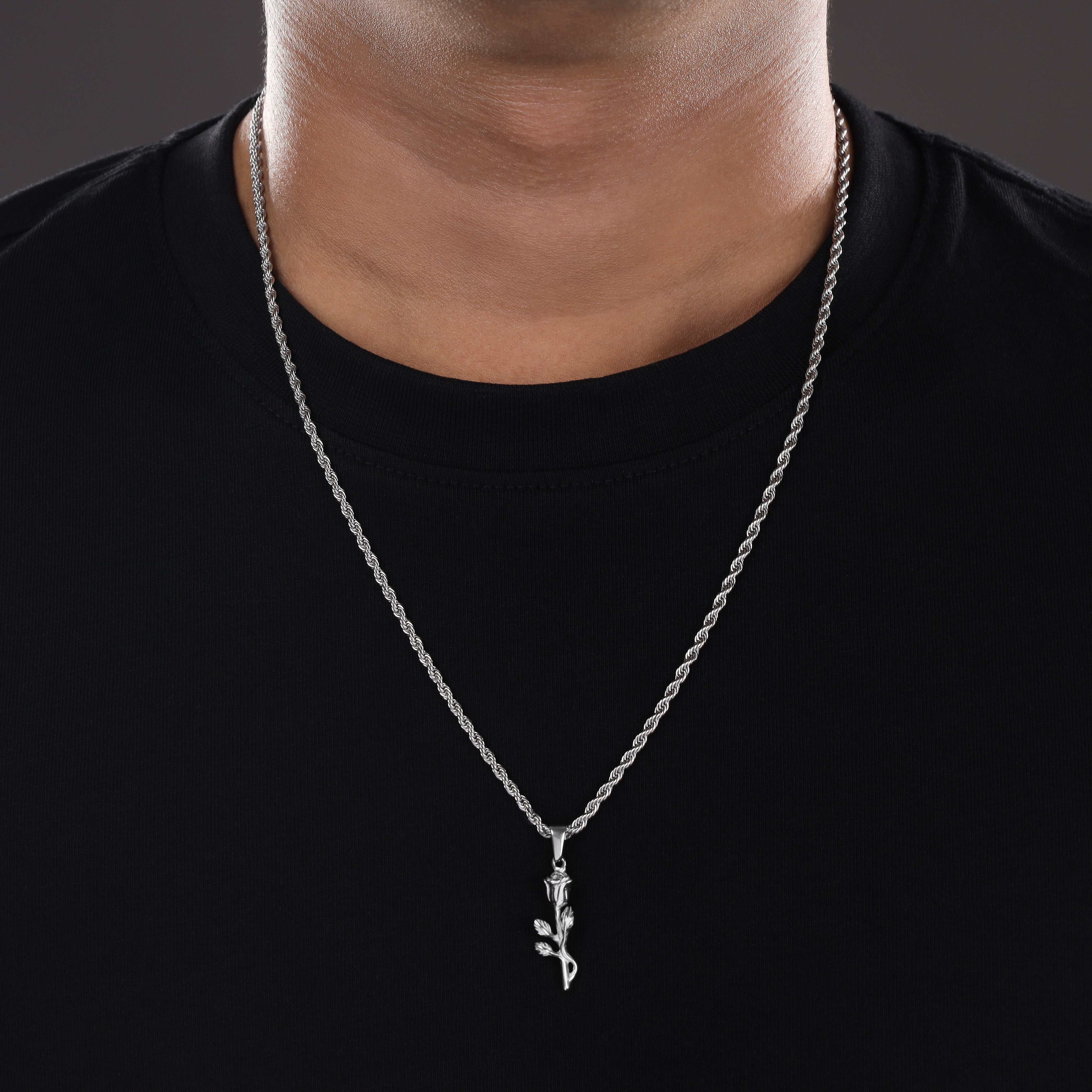 Set Kordelkette Rope Chain mit Rose Anhänger aus Edelstahl
