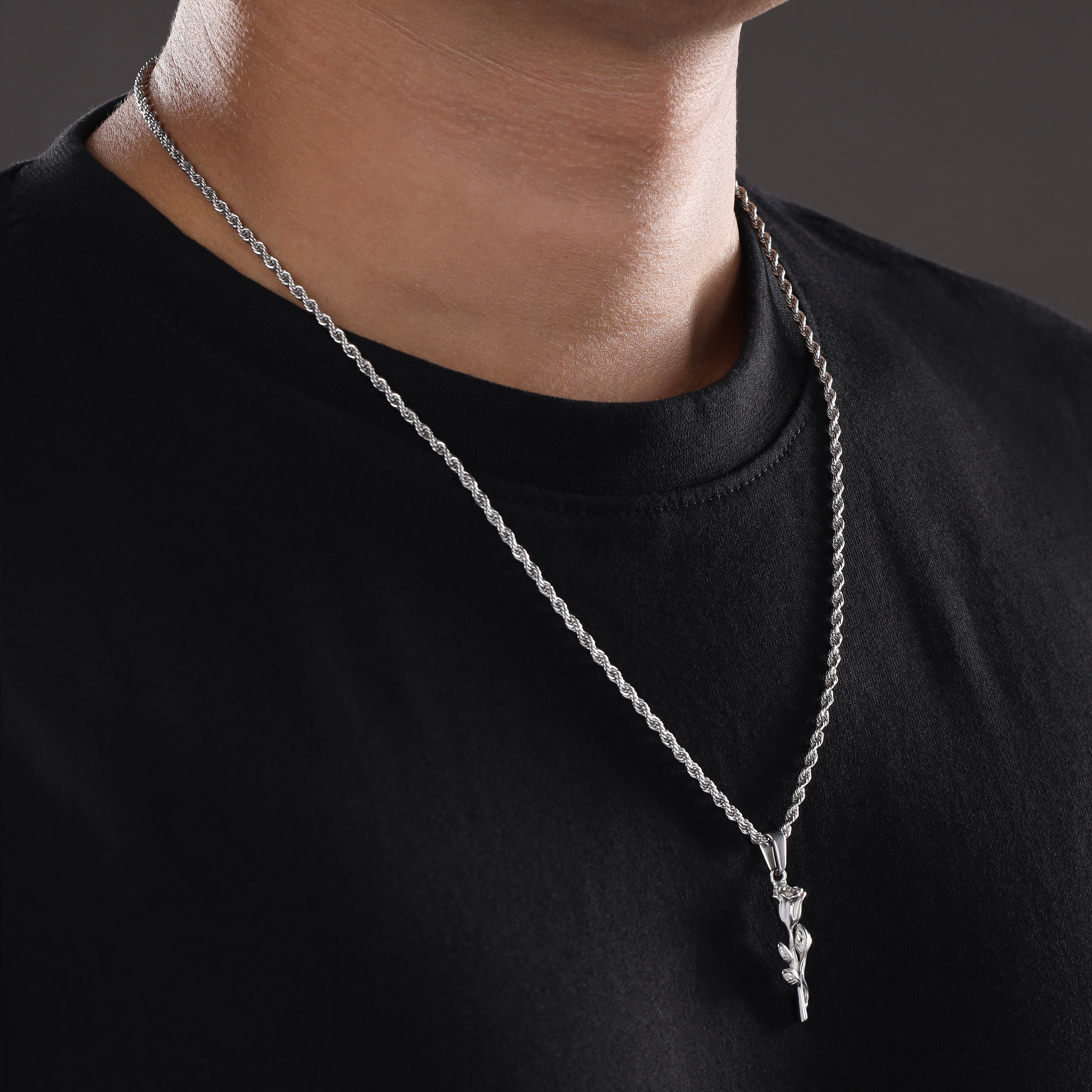 Set Kordelkette Rope Chain mit Rose Anhänger aus Edelstahl