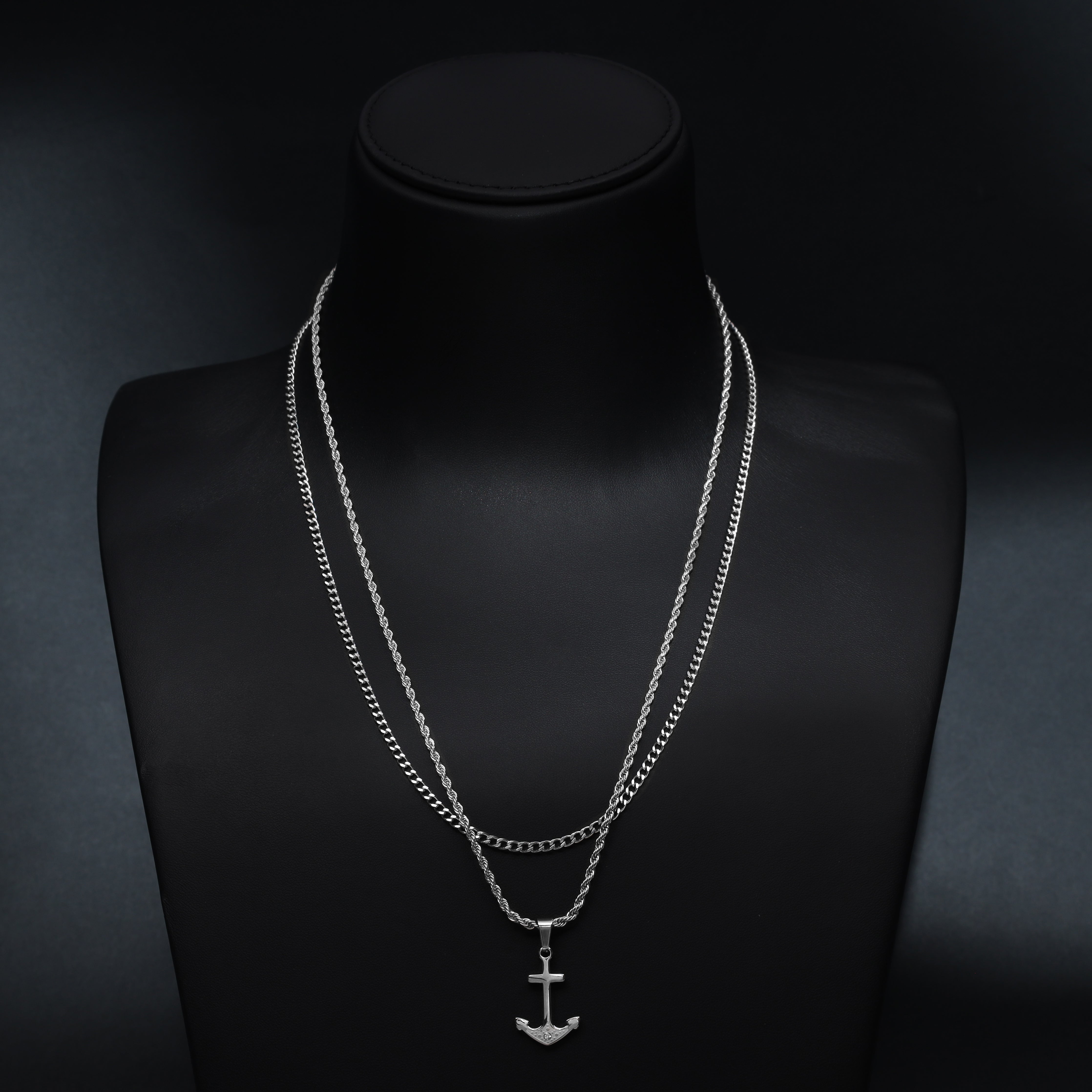SET Kordelkette + Panzerkette mit Anker Anhänger aus Edelstahl - Taipan Schmuck