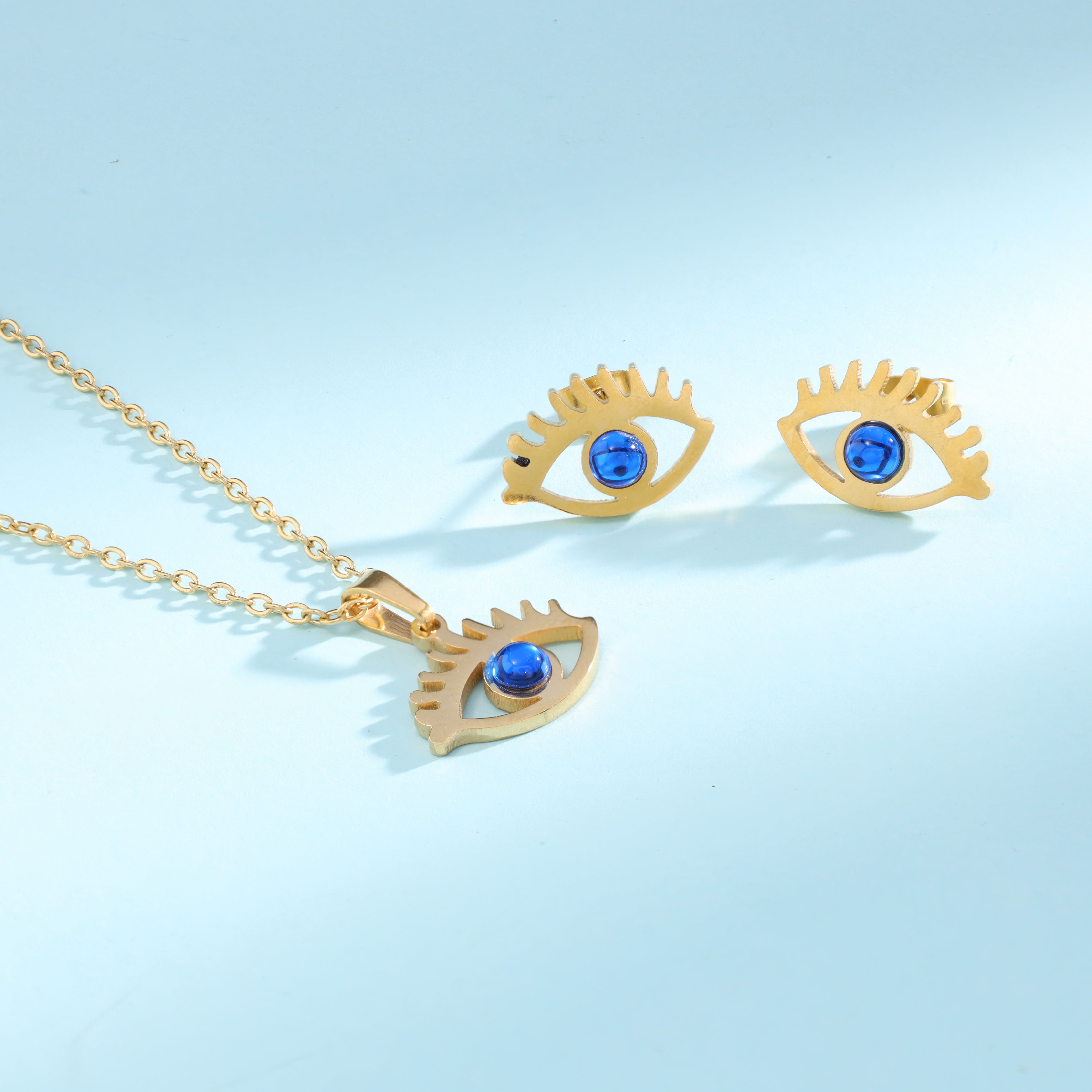 Damen Set Ankerkette mit Evil Eye Anhänger & Ohrringe aus Edelstahl 18K vergoldet - Taipan Schmuck