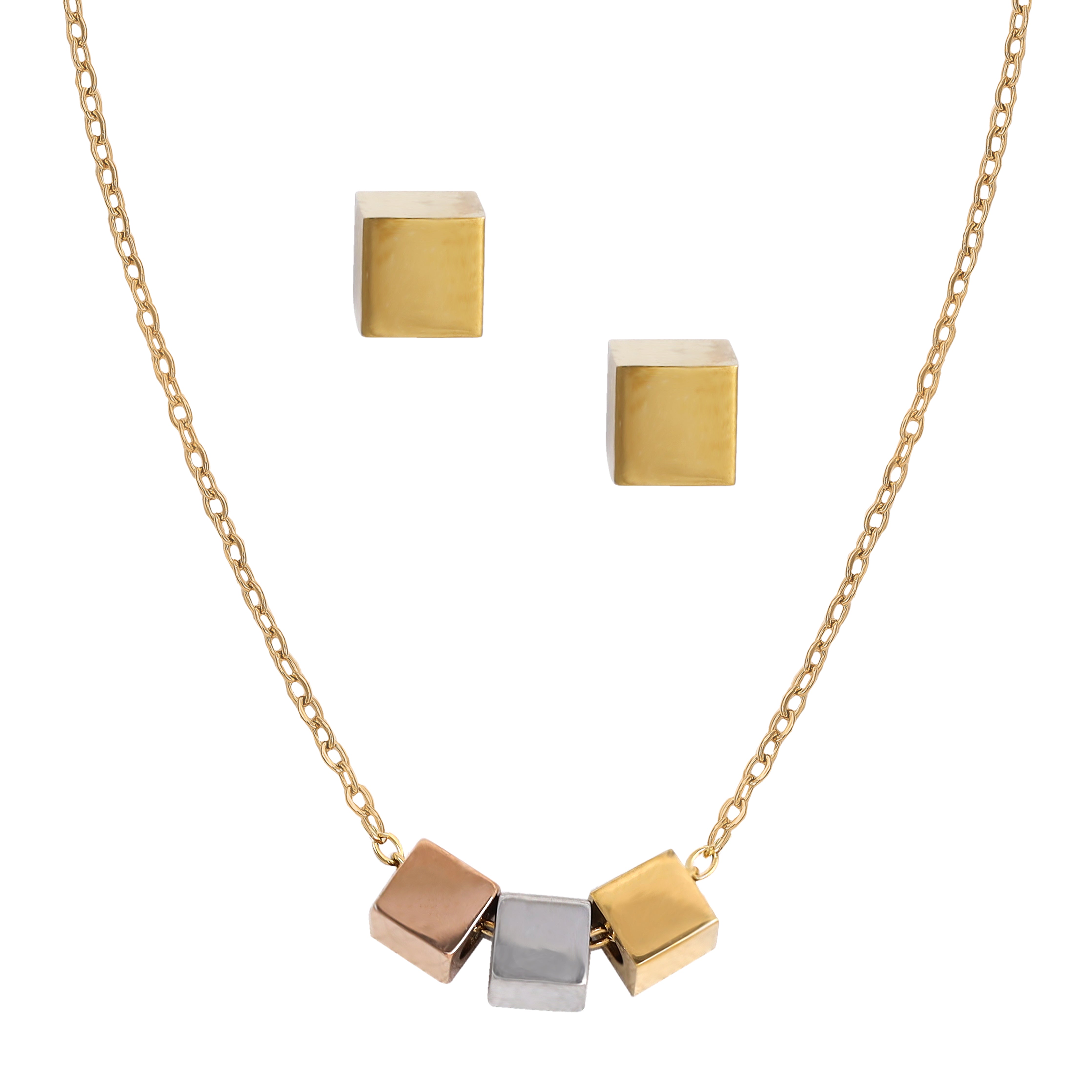Damen Set Ankerkette mit Würfel Anhänger & Ohrringen aus Edelstahl 18K vergoldet