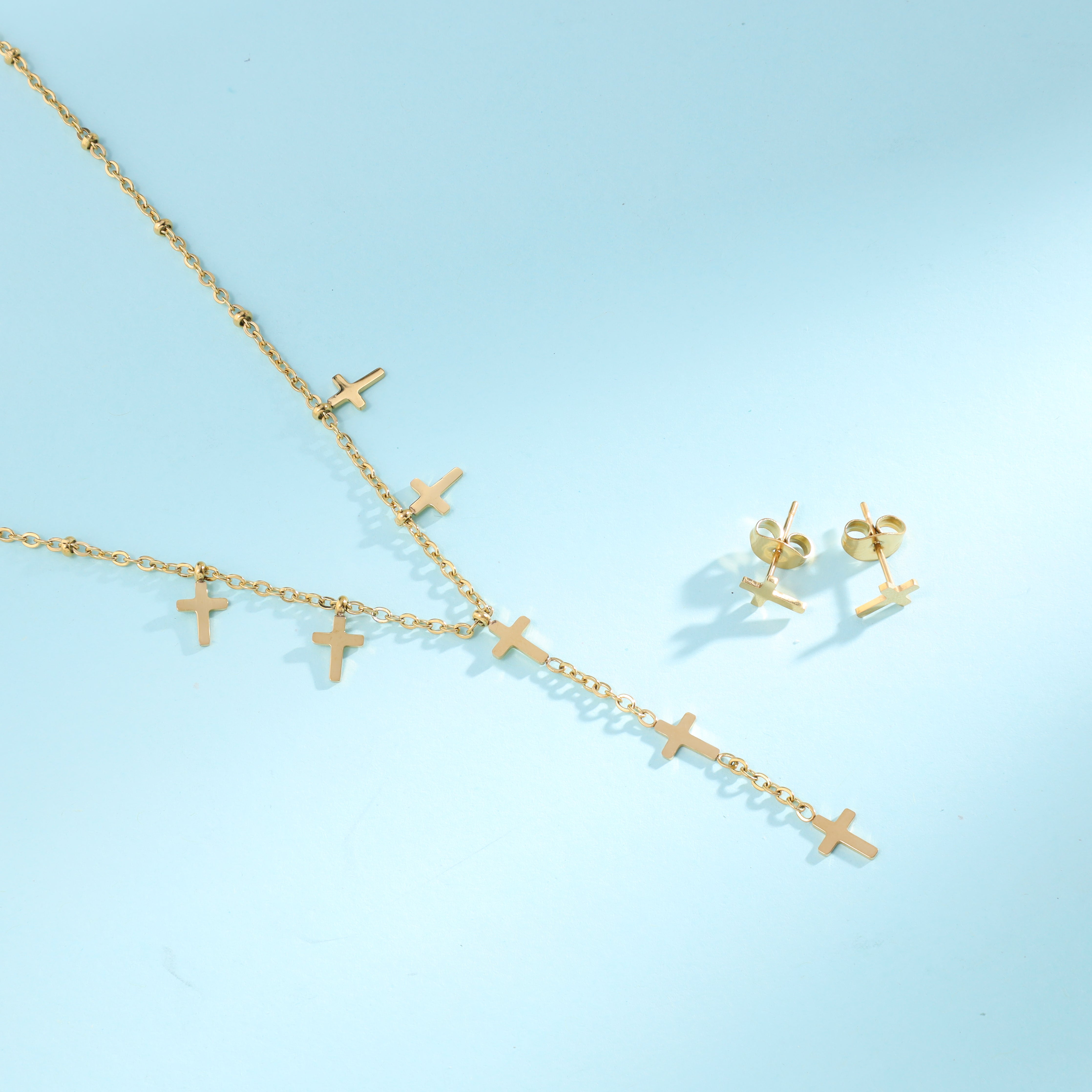 Damen Set Ankerkette mit Kreuz Anhänger & Ohrringe aus Edelstahl 18K vergoldet